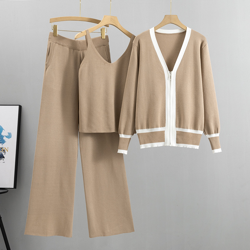 European Station 2026 Autumn and Winter New Women's European Goods Set Trendy Knitted Cardigan Strap Wide Leg Pants Three Piece Set