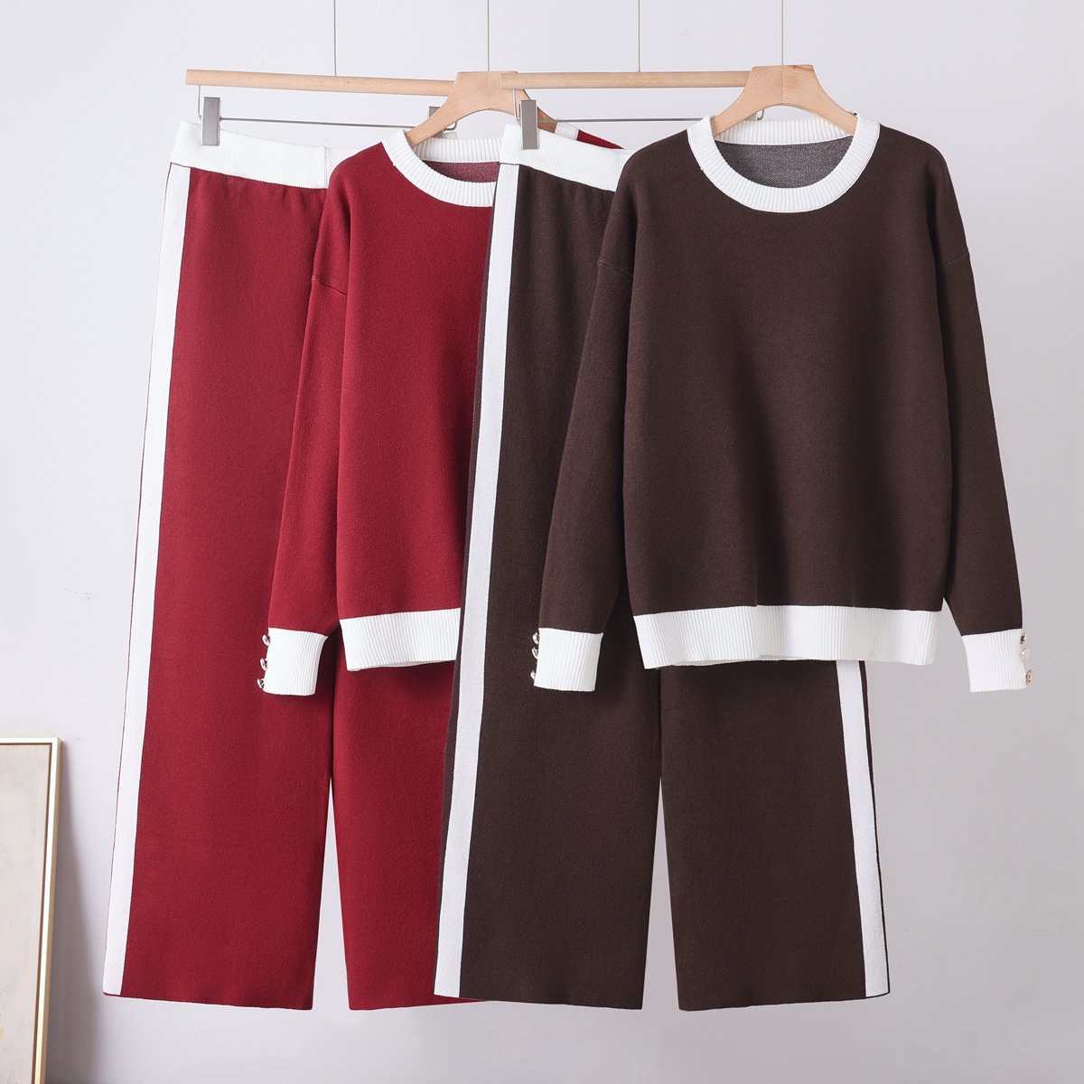 Cross border foreign trade solid color temperament knitted two-piece round neck pocket sweater+loose casual wide leg pants set for women Cross border foreign trade solid color temperament knitted two-piece round neck pocket sweater+loose casual wide leg pants set for women