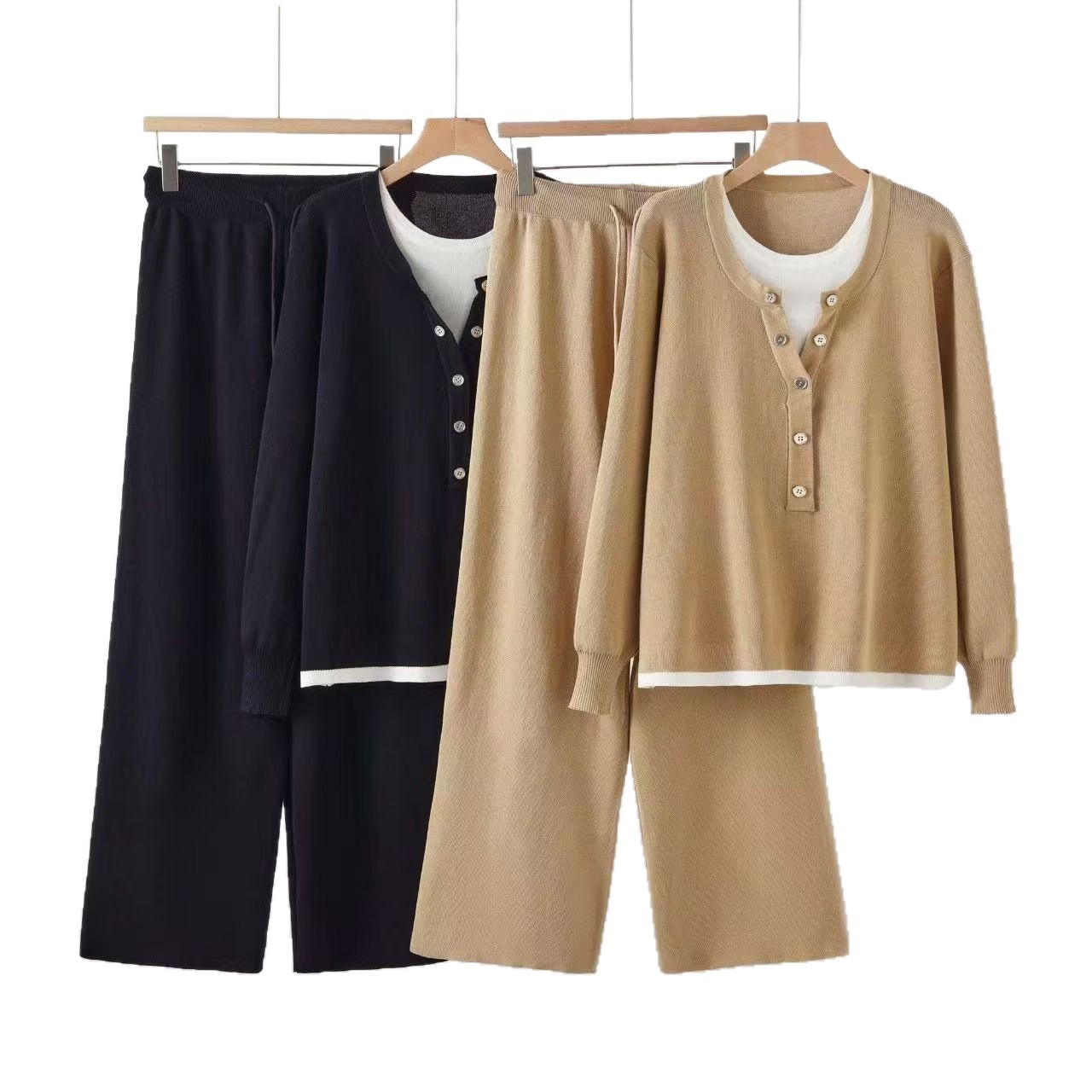 Cross border temperament versatile autumn and winter women's round neck color blocked fake two-piece knitted pullover top wide leg pants two-piece set Cross border temperament versatile autumn and winter women's round neck color blocked fake two-piece knitted pullover top wide leg pants two-piece set