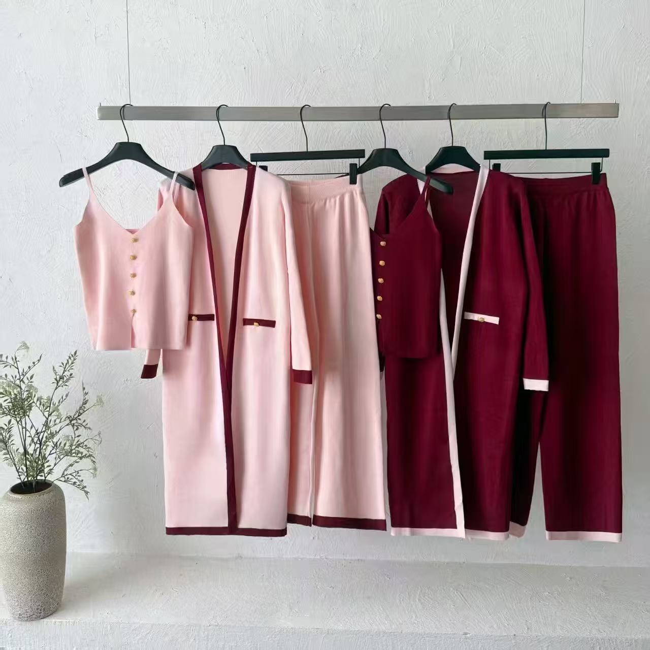 Cross border 2026 color blocking knitted three piece set women's V-neck gold buckle suspender long cardigan high waisted drape wide leg pants