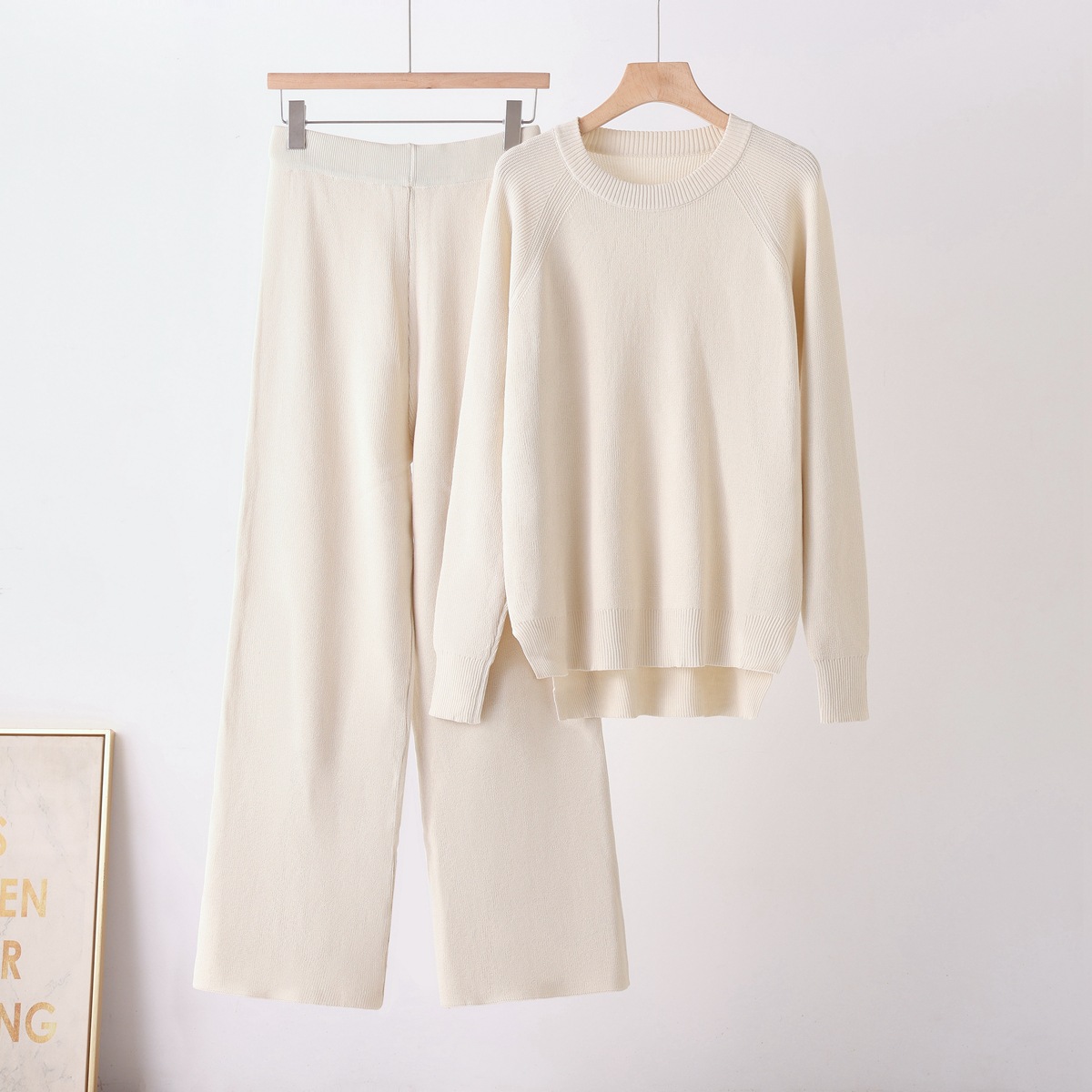 Cross border winter new thick sweater set for women, loose knit long sleeved round neck fashionable wide leg pants two-piece set for women Cross border winter new thick sweater set for women, loose knit long sleeved round neck fashionable wide leg pants two-piece set for women