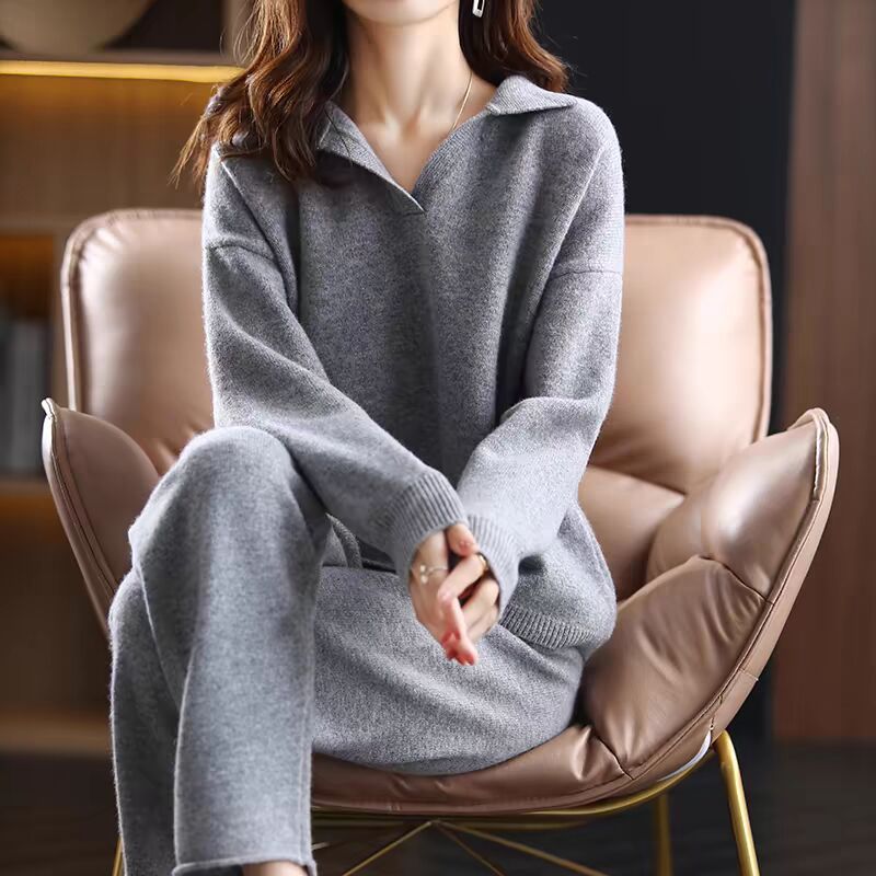 2026 Korean Fashion Loose Collar Knitted Set, Casual Simple Sweater, Wide Leg Pants, Loose Two Piece Set for Women 2026 Korean Fashion Loose Collar Knitted Set, Casual Simple Sweater, Wide Leg Pants, Loose Two Piece Set for Women