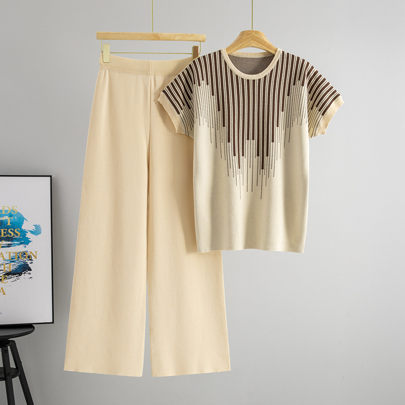 Cross border summer fashion short sleeved knitted top set, women's stylish contrasting color striped top, wide leg pants two-piece set