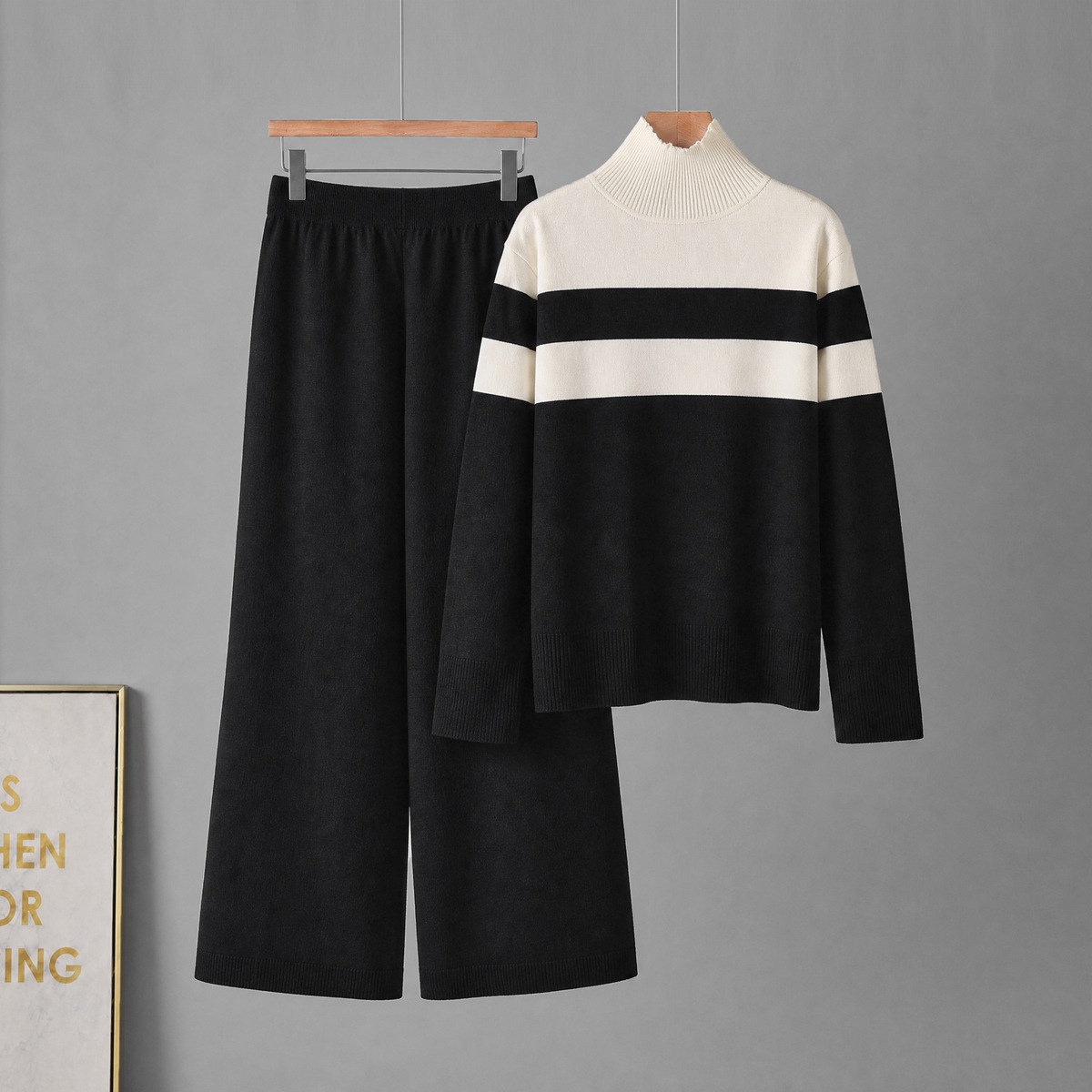 2026 Autumn/Winter New Cross border Knitted Shirt Long Sleeve Color blocked Stripe Loose Half High Collar Head Knitted Two Piece Set