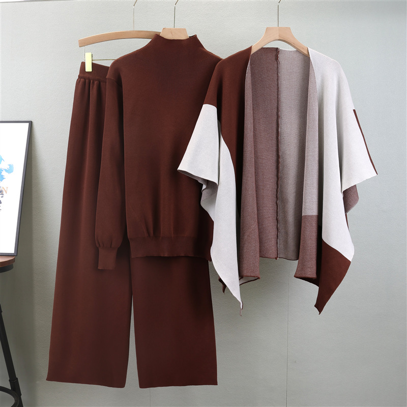 Leisure suit for women in spring and autumn, with a new style of elegant socialite and lazy style. Knitted sweater, shawl, cloak, wide leg pants, three piece set Leisure suit for women in spring and autumn, with a new style of elegant socialite and lazy style. Knitted sweater, shawl, cloak, wide leg pants, three piece set