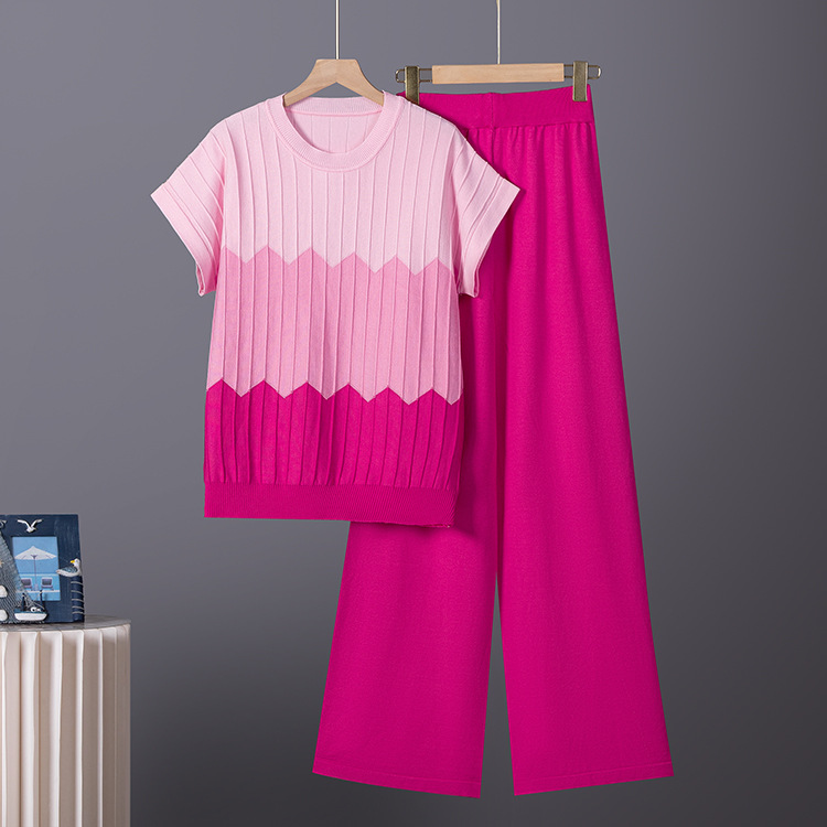 Cross border gradient contrasting design, loose round neck sleeveless knit shirt+high waist solid color wide leg pants set