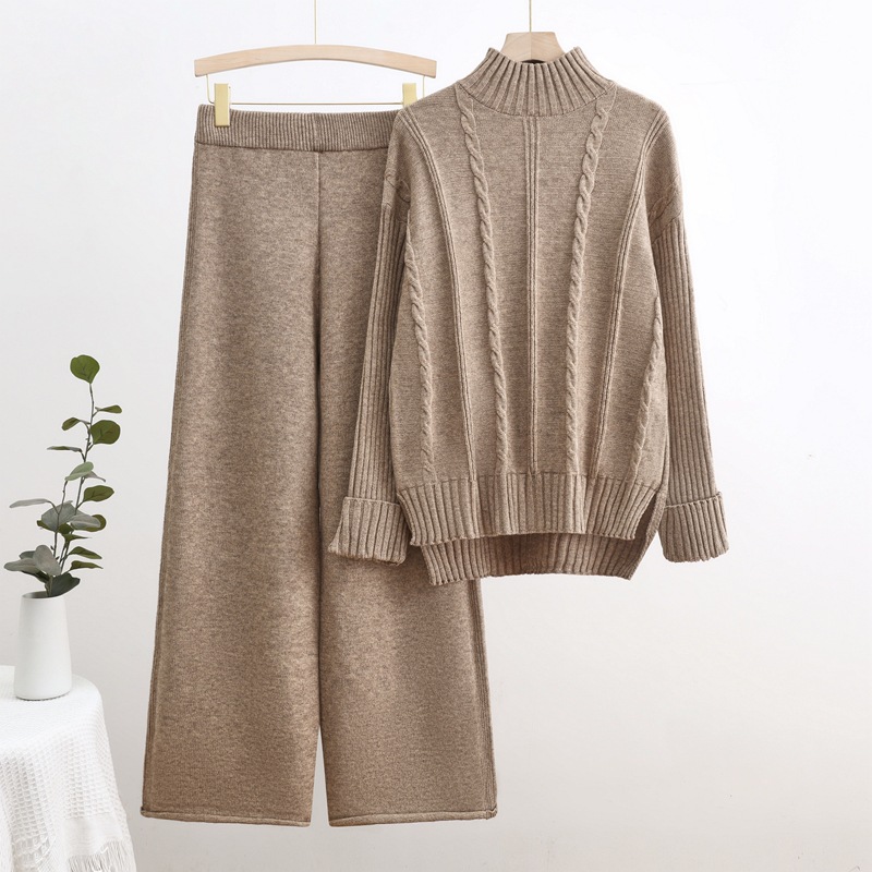2024 Autumn/Winter New Knitted High Collar Sweater Thread Craft Fashion Casual Wide Leg Pants Two Piece Trendy Set 2024 Autumn/Winter New Knitted High Collar Sweater Thread Craft Fashion Casual Wide Leg Pants Two Piece Trendy Set