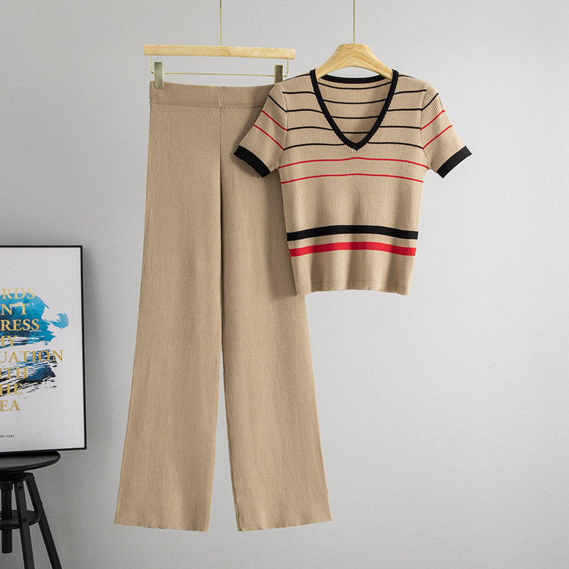 Summer cross-border new color striped large V-neck short sleeved slim knit sweater set, slim fit and slimming two-piece set for women