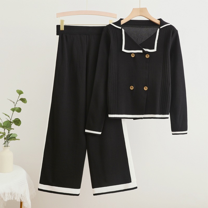 Autumn and winter new style suit collar retro knitted wide leg pants set versatile, simple, contrasting color splicing two-piece set for women