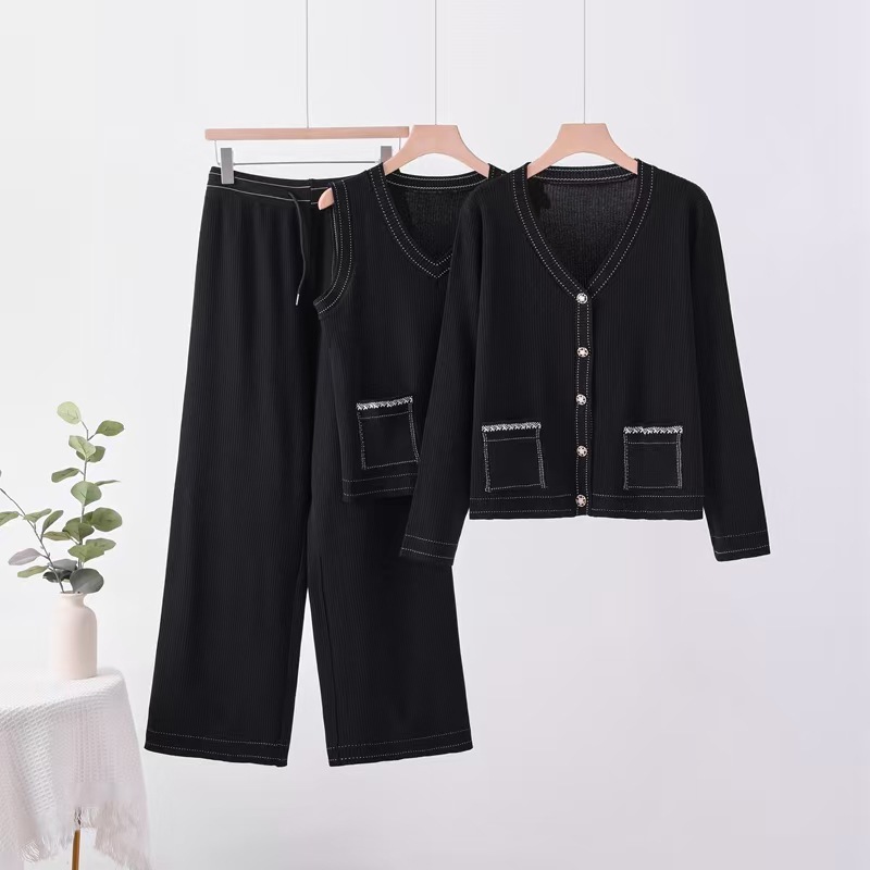 Foreign trade lazy casual knitted suit 2025 new solid color top wide leg pants temperament three piece set