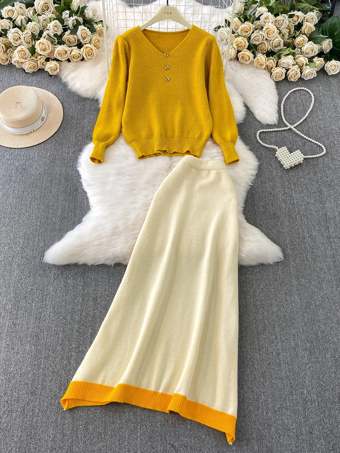 French style simple and lazy style loose knit sweater V-neck top casual contrasting color woolen dress temperament two-piece set