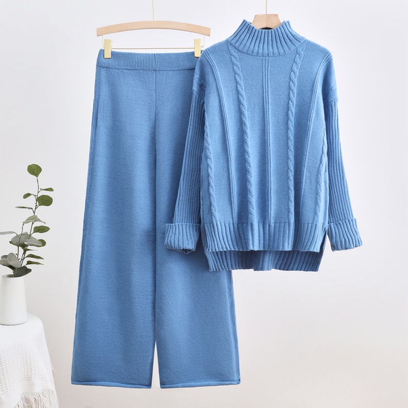 2024 Autumn/Winter New Knitted High Collar Sweater Thread Craft Fashion Casual Wide Leg Pants Two Piece Trendy Set