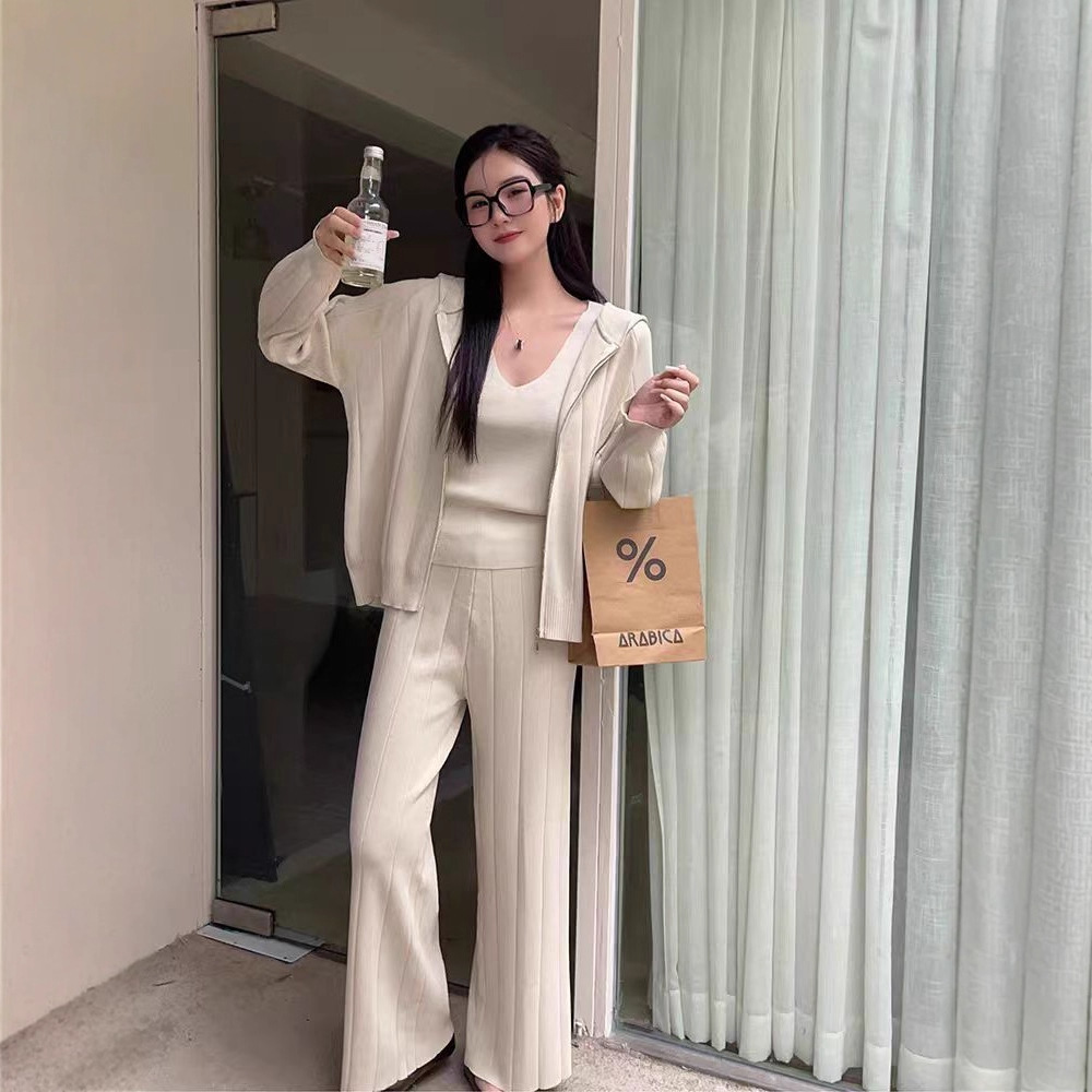 Korean fashion knitted suit women's 2025 autumn and winter new jacket camisole vest+high waist wide leg pants three piece set