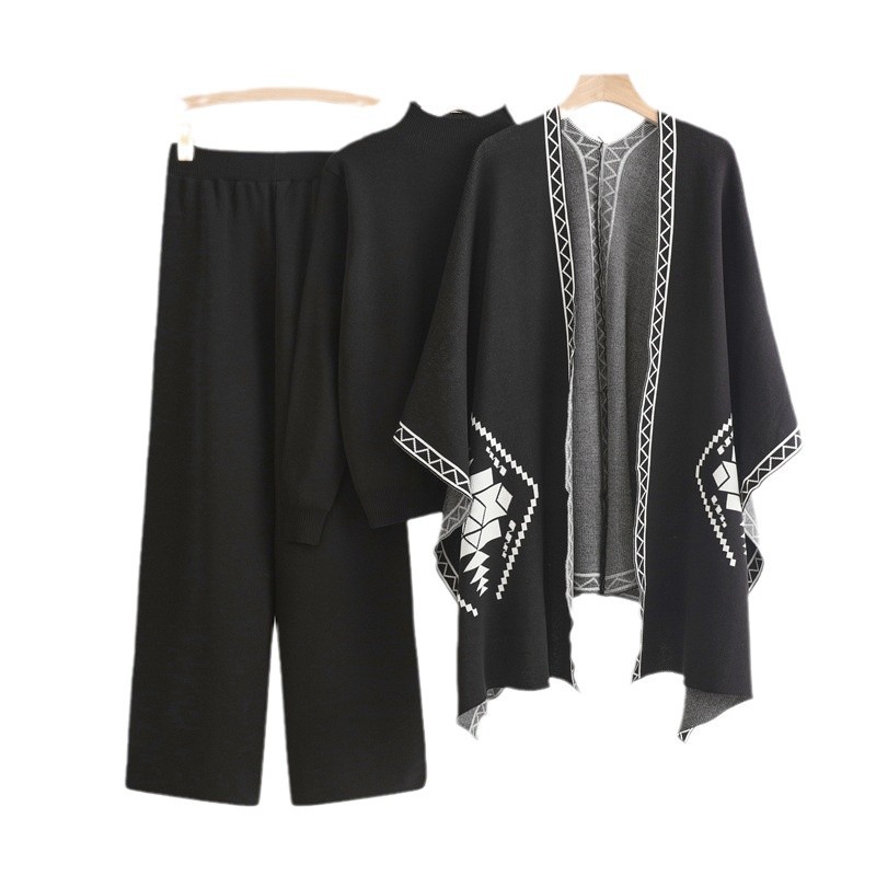 Cross border foreign trade loose and lazy mid neck pullover knitted sweater with shawl cloak jacket and wide leg pants three piece set Cross border foreign trade loose and lazy mid neck pullover knitted sweater with shawl cloak jacket and wide leg pants three piece set