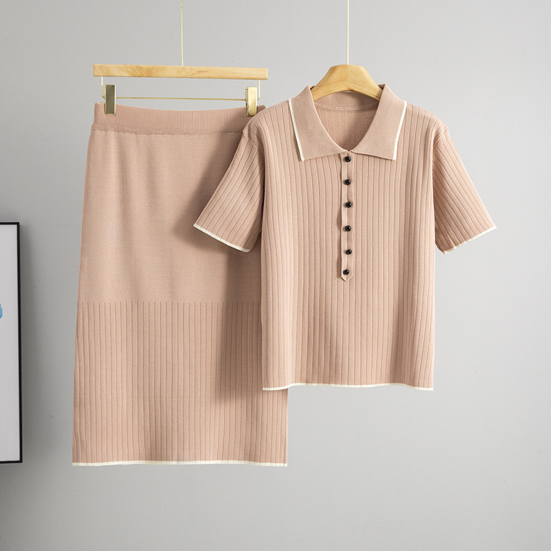 Summer New Cross border Women's Clothing Style Knitted Skirt Set Polo Collar Loose Fashion Knitted Top Commuter