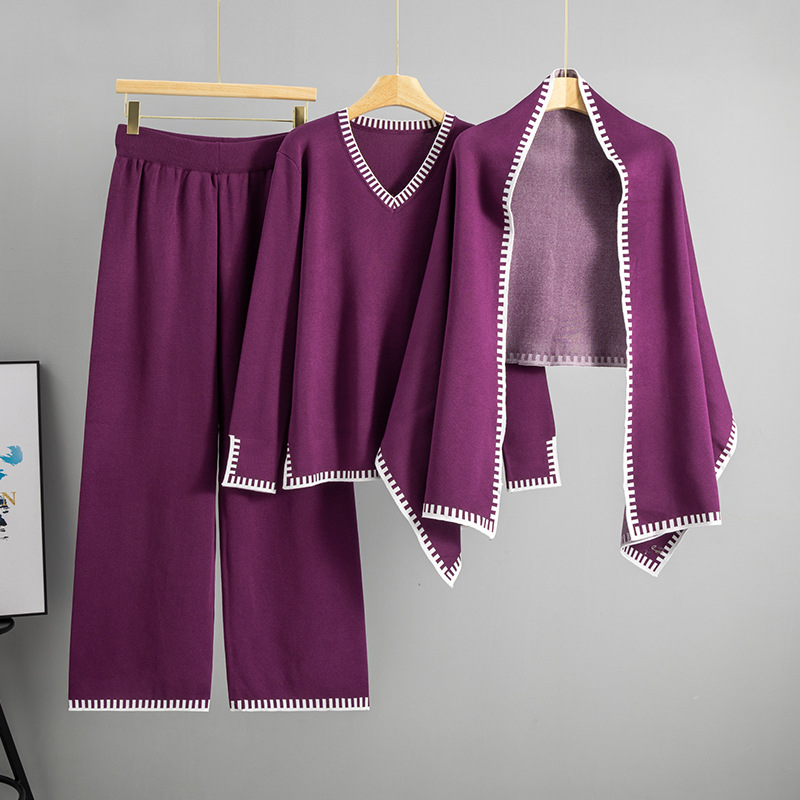 Cross border European and American style autumn and winter new fashion outfit shawl sweater wide leg pants knitted three piece set temperament set for women Cross border European and American style autumn and winter new fashion outfit shawl sweater wide leg pants knitted three piece set temperament set for women