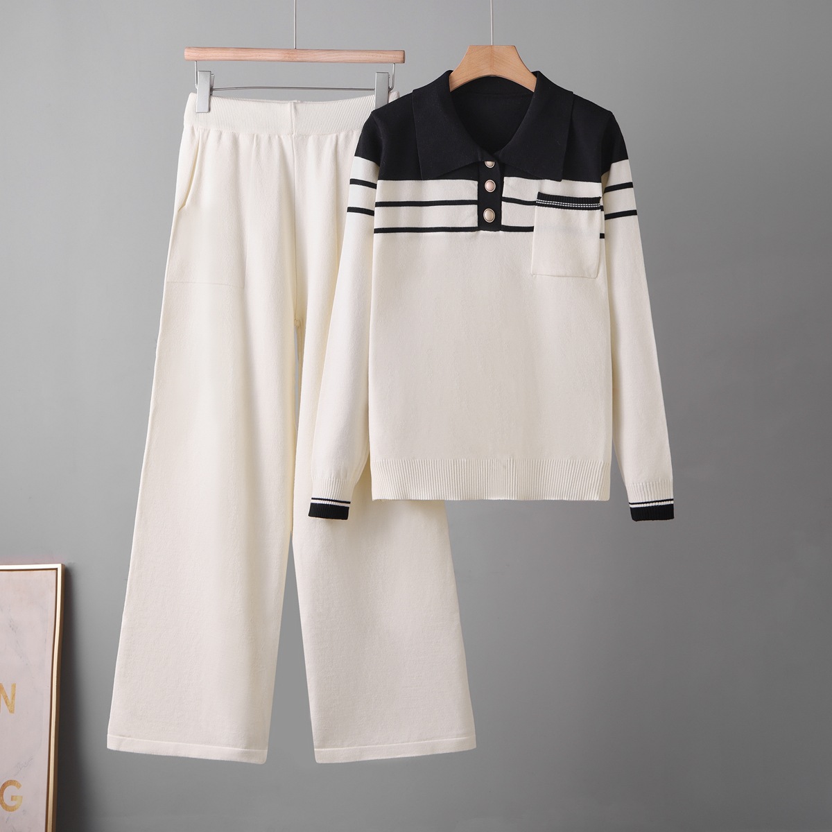 Cross border foreign trade striped sweater set Spring and Autumn 2026 new loose and fashionable casual wide leg pants knitted two-piece set