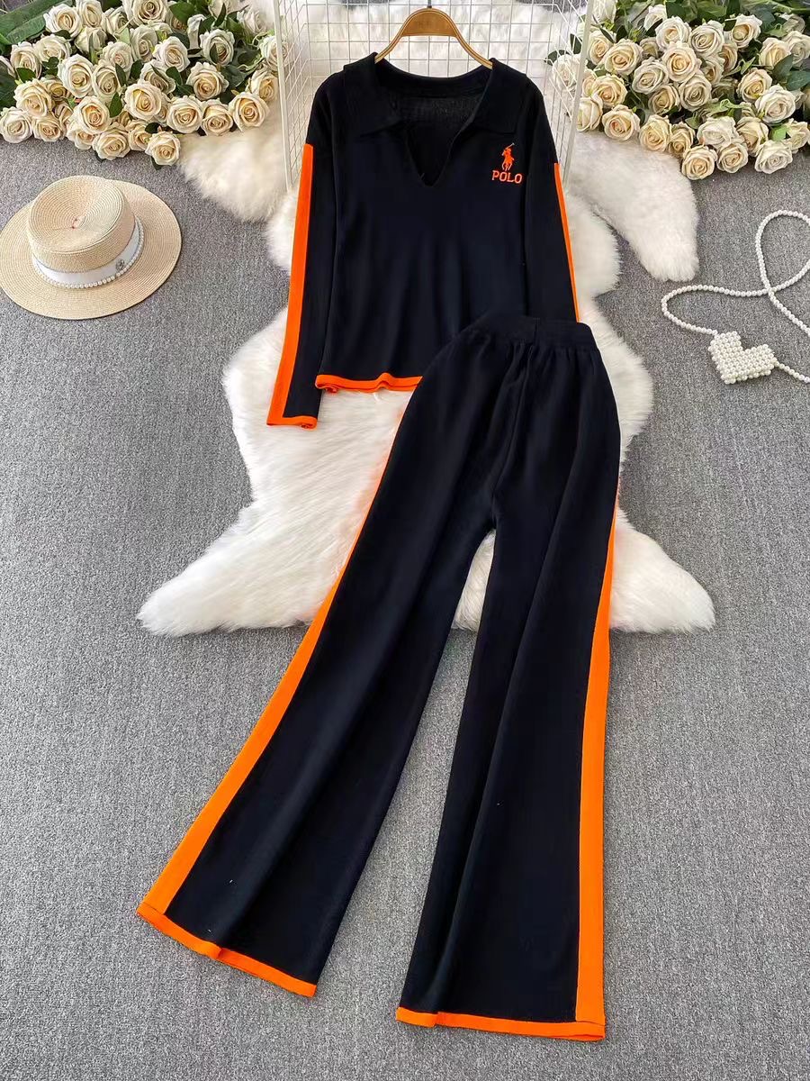 Leisure sports suit women's new embroidered round neck long sleeved knitted sweatshirt+high waist slimming two bar wide leg pants