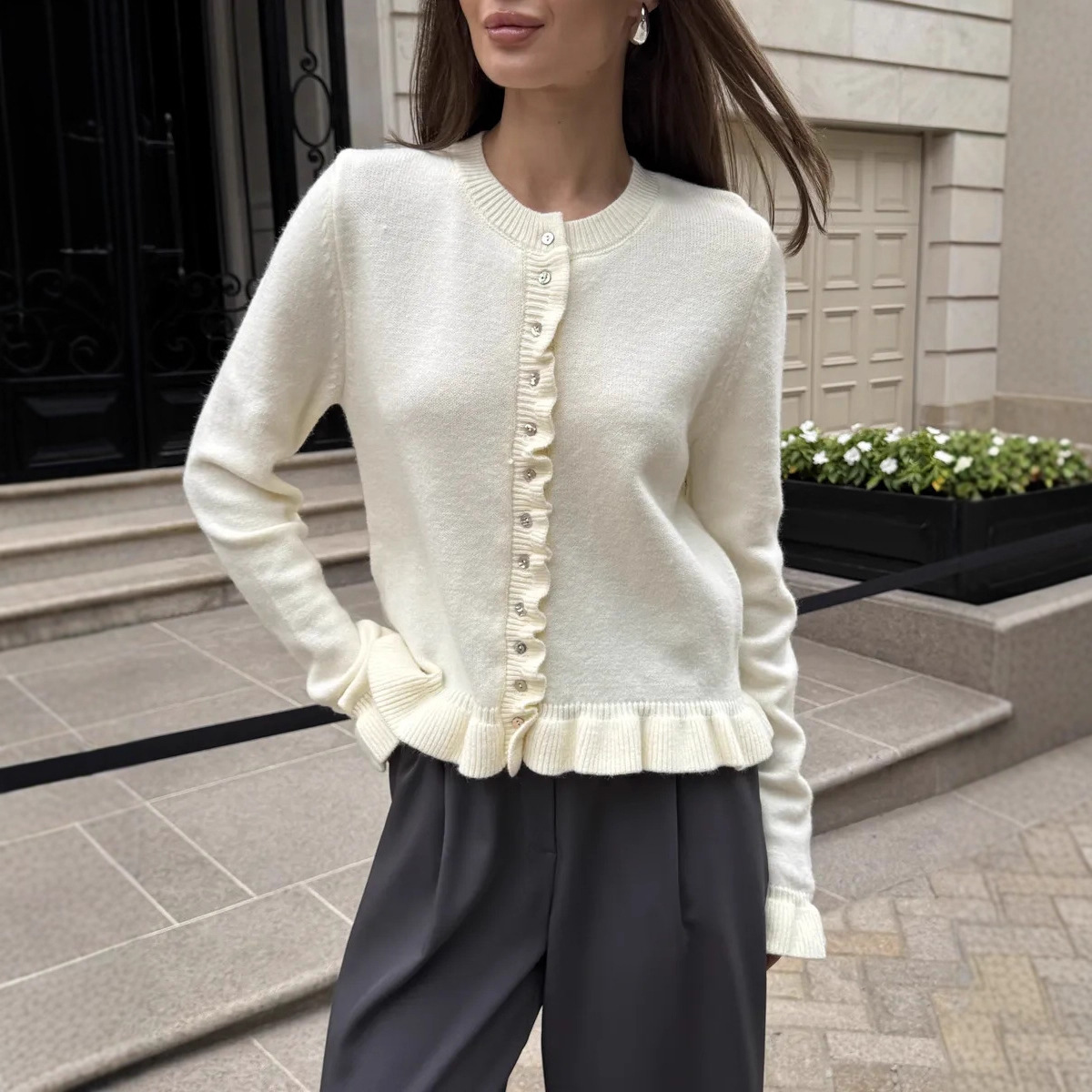 AliExpress autumn and winter long sleeved ruffle edge knitted cardigan single breasted European and American casual solid color sweater cross-border new style