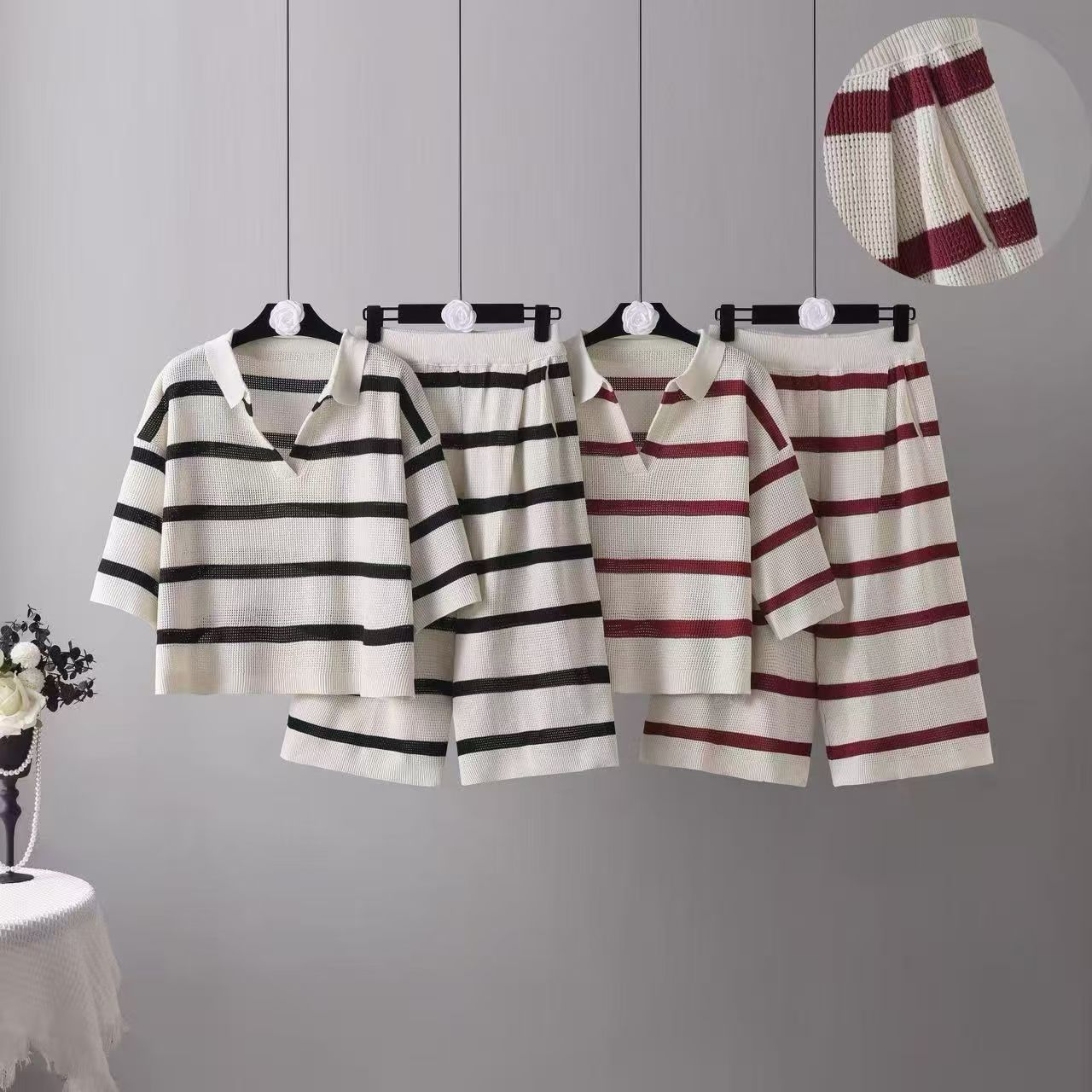 Cross border European and American striped Polo collar knitted suit summer new casual loose knitted wide leg pants two-piece set Cross border European and American striped Polo collar knitted suit summer new casual loose knitted wide leg pants two-piece set