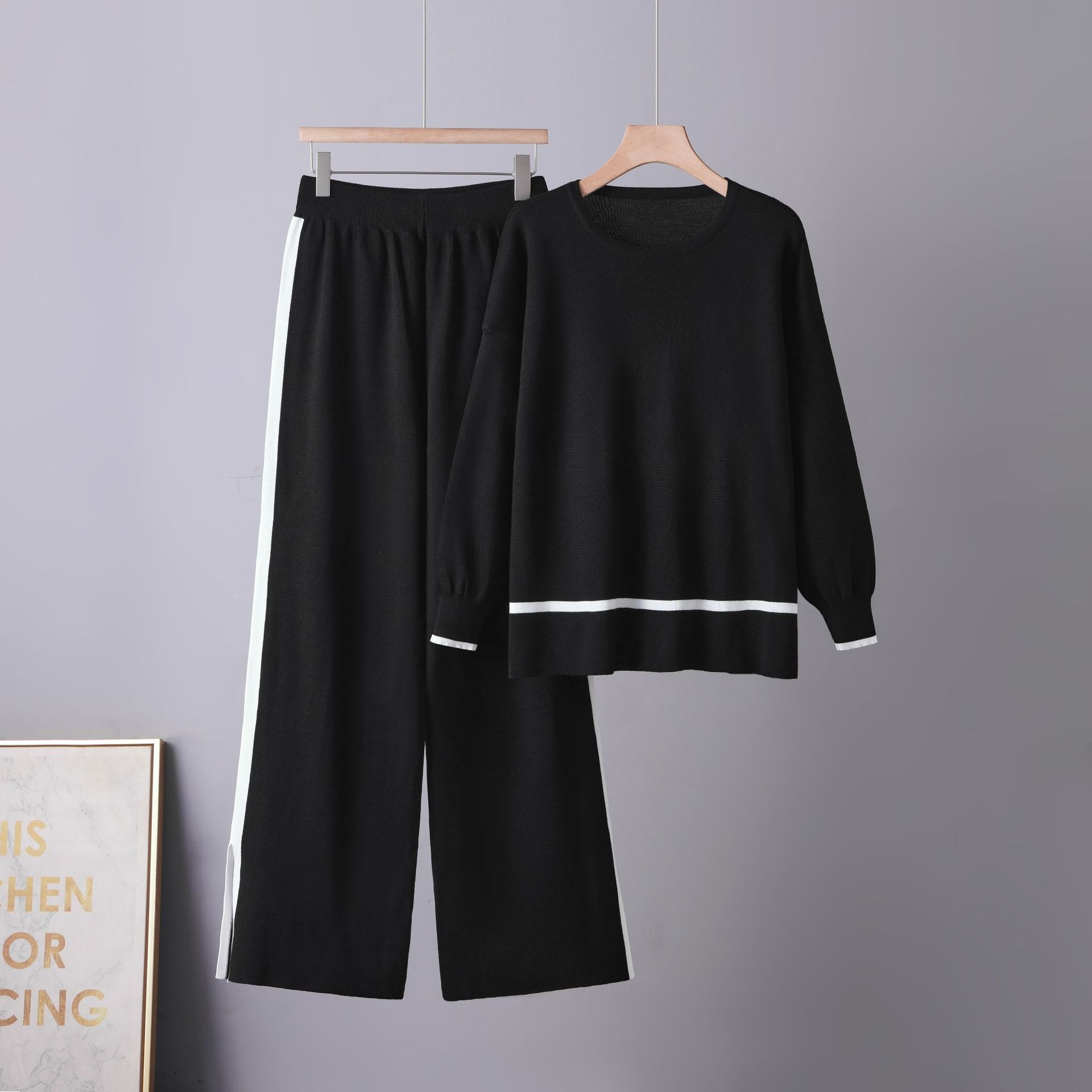 Cross border Amazon Hot Knitted Set for Women in Spring and Autumn, Long Sleeve Split Wide Leg Pants, Sweater Two Piece Set