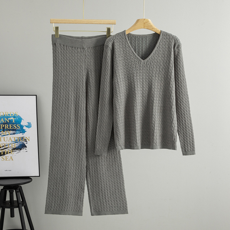 Cross border V-neck Fried Dough Twists sweater suit for women in spring and autumn, new fashion, solid color, loose knit, bottoming, two piece suit