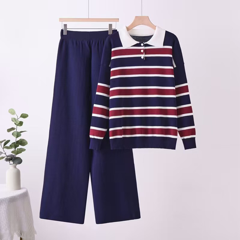 Cross border Korean contrasting striped base shirt polo collar lapel knit top wide leg pants two-piece set Cross border Korean contrasting striped base shirt polo collar lapel knit top wide leg pants two-piece set