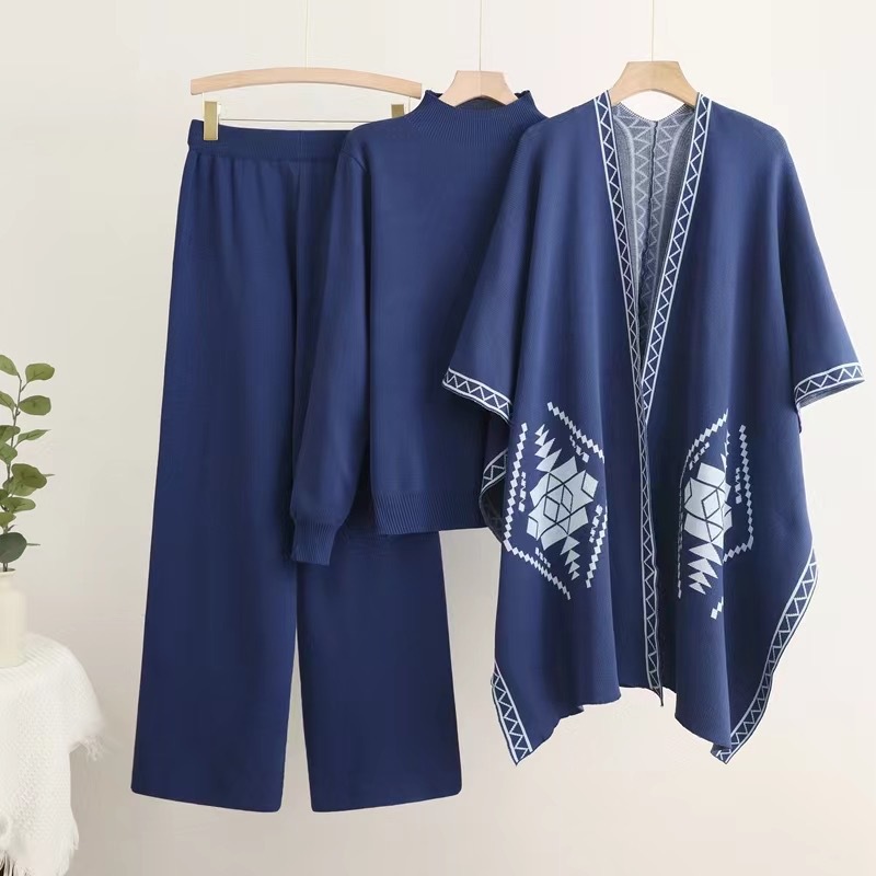 Cross border foreign trade loose and lazy mid neck pullover knitted sweater with shawl cloak jacket and wide leg pants three piece set Cross border foreign trade loose and lazy mid neck pullover knitted sweater with shawl cloak jacket and wide leg pants three piece set