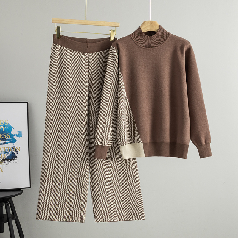Cross border women's spring and autumn knitted suit design sense pullover sweater long sleeved base outerwear top jacquard wide leg pants