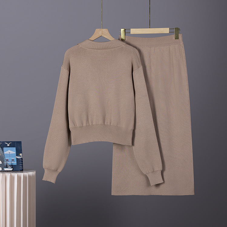 Cross border French collar small fragrance style set autumn and winter sweater women's cardigan top knitted slim half skirt two-piece set Cross border French collar small fragrance style set autumn and winter sweater women's cardigan top knitted slim half skirt two-piece set