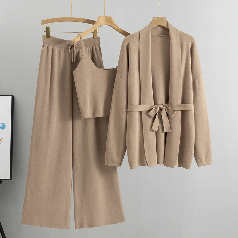 Cross border loose casual fashionable western-style European suit women's trendy knitted cardigan jacket with camisole and wide leg pants three piece set