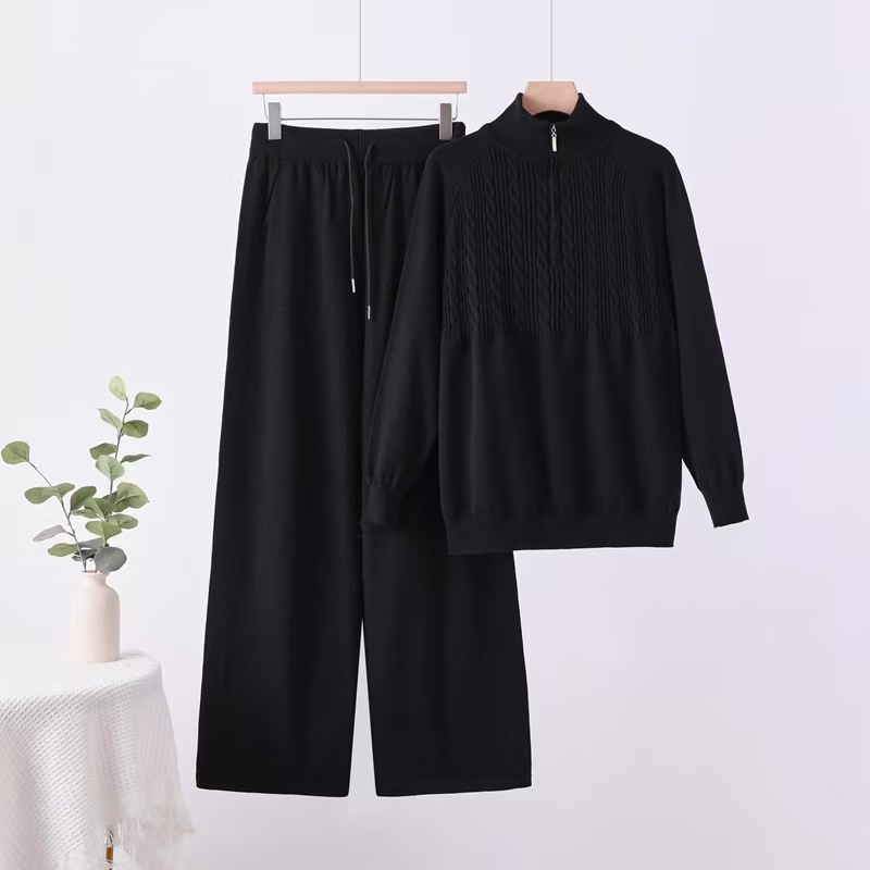 European and American casual fashion knitted women's autumn and winter temperament versatile long sleeved half zipper sweater elastic wide leg pants set