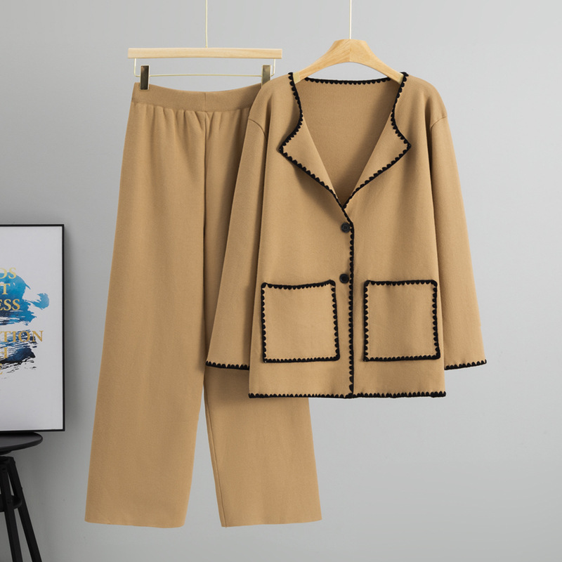 Cross border foreign trade temperament design sense contrasting striped knitted cardigan mid length jacket women's western-style loose wide leg pants Cross border foreign trade temperament design sense contrasting striped knitted cardigan mid length jacket women's western-style loose wide leg pants