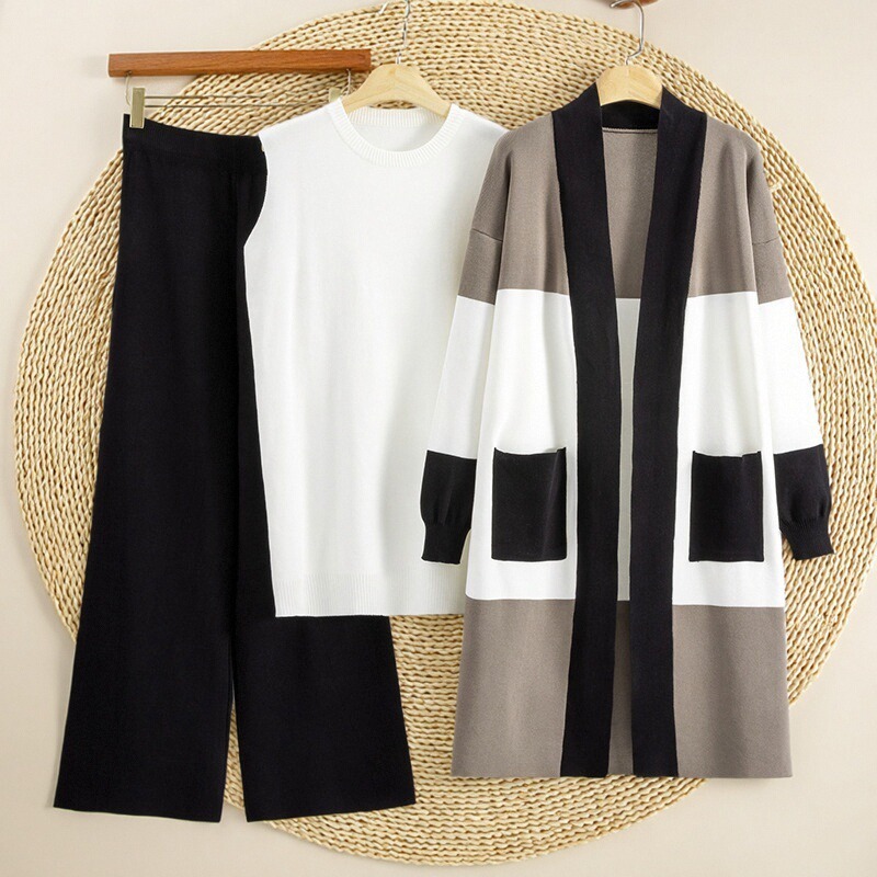 Cross border foreign trade women's clothing 2025 autumn new item European and American knitted medium long cardigan vest wide leg pants three piece set Cross border foreign trade women's clothing 2025 autumn new item European and American knitted medium long cardigan vest wide leg pants three piece set