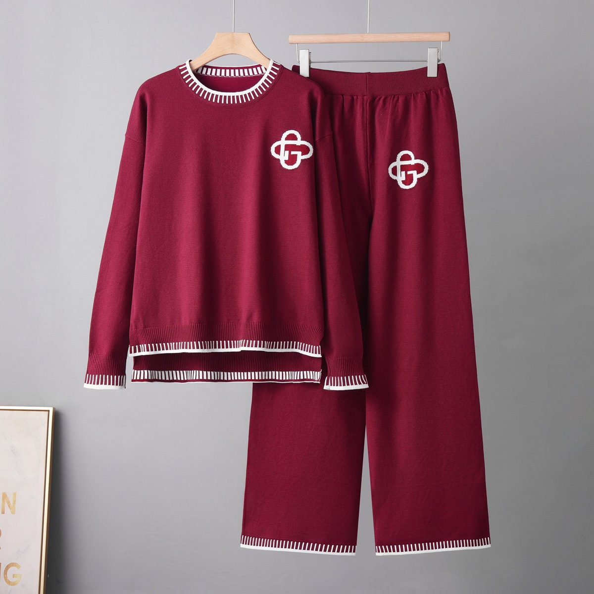 Cross border fashion woolen suit from Europe and America, autumn and winter knitted top+casual sports wide leg pants knitted two-piece set for women Cross border fashion woolen suit from Europe and America, autumn and winter knitted top+casual sports wide leg pants knitted two-piece set for women