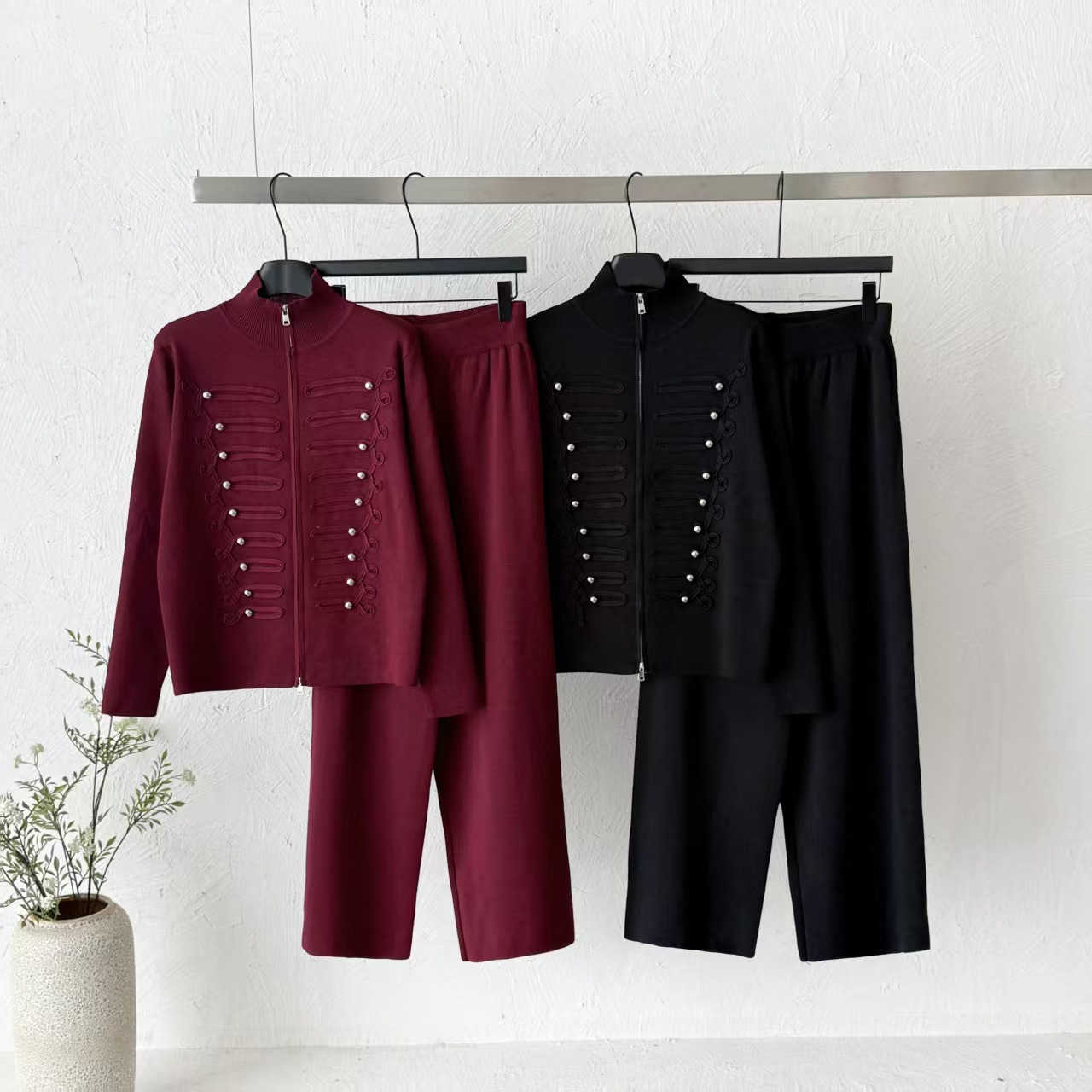 Cross border Heavy Industry Nail Bead Knitted Two Piece Set Women's Stand Collar Zipper cardigan High Waist Wide Leg Pants Set Cross border Heavy Industry Nail Bead Knitted Two Piece Set Women's Stand Collar Zipper cardigan High Waist Wide Leg Pants Set