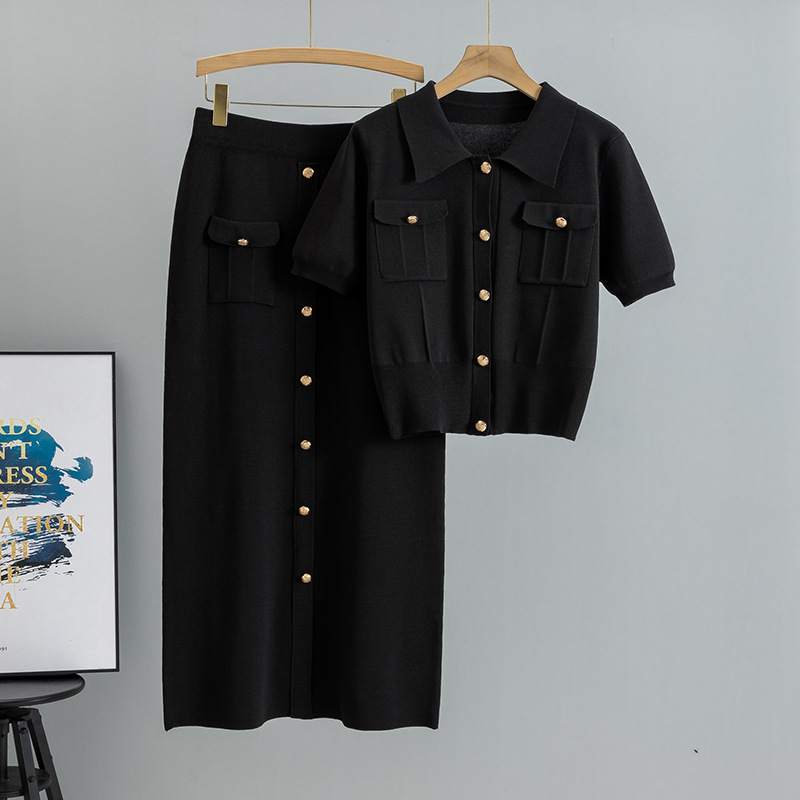 Cross border French collar small fragrance style set, summer feminine knitted cardigan top, slim fit half skirt two-piece set Cross border French collar small fragrance style set, summer feminine knitted cardigan top, slim fit half skirt two-piece set
