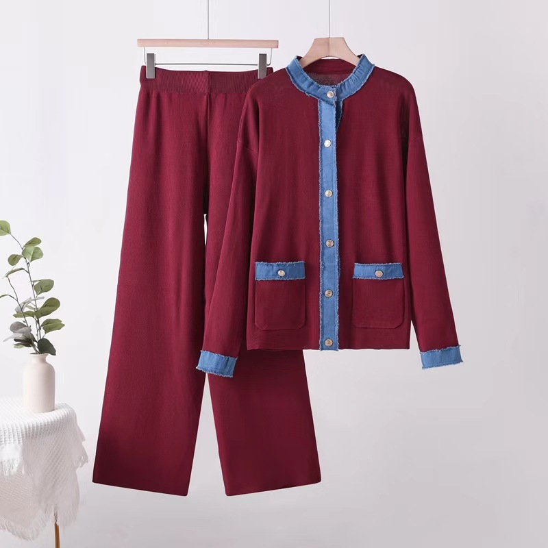 French socialite goddess style fashionable design denim patchwork knitted round neck jacket+high waist wide leg pants two-piece set French socialite goddess style fashionable design denim patchwork knitted round neck jacket+high waist wide leg pants two-piece set
