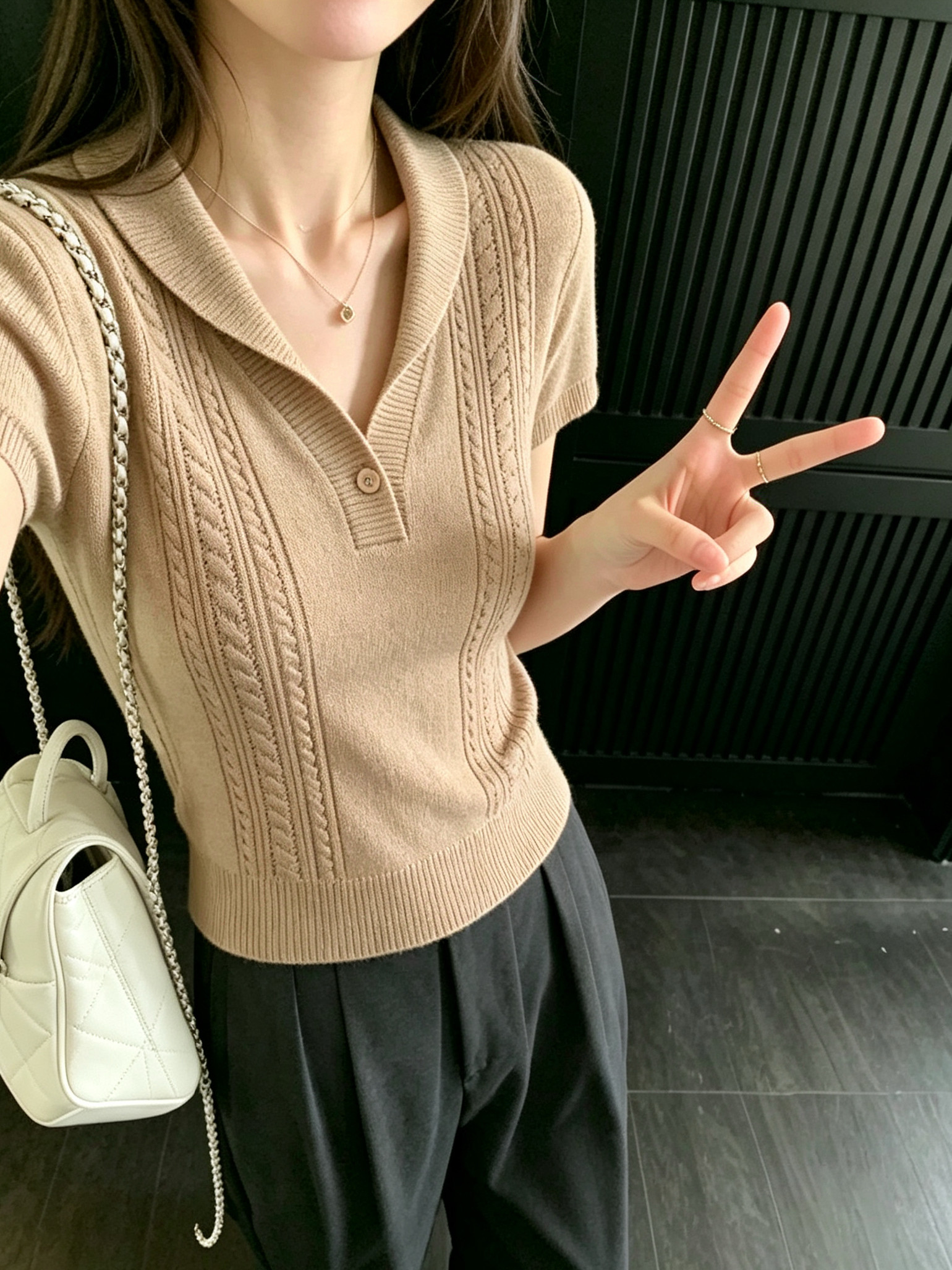 Korean women's clothing 2026 spring/summer new item Korean version simple slim fit slimming hole strip semi open button knitted short sleeved T-shirt