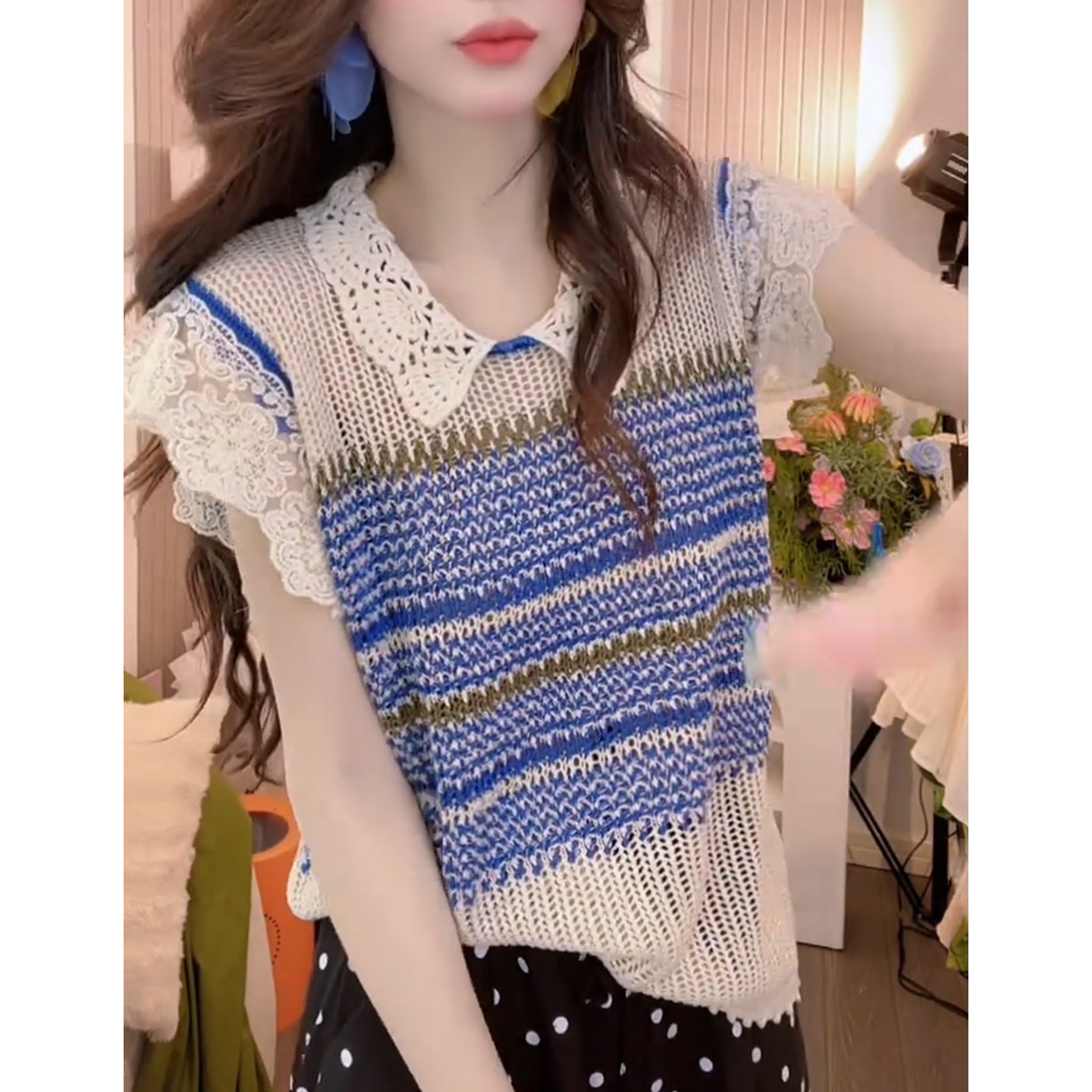Fashion lace patchwork ice linen knitted striped short sleeved T-shirt loose round neck summer hollow loose top for women Fashion lace patchwork ice linen knitted striped short sleeved T-shirt loose round neck summer hollow loose top for women