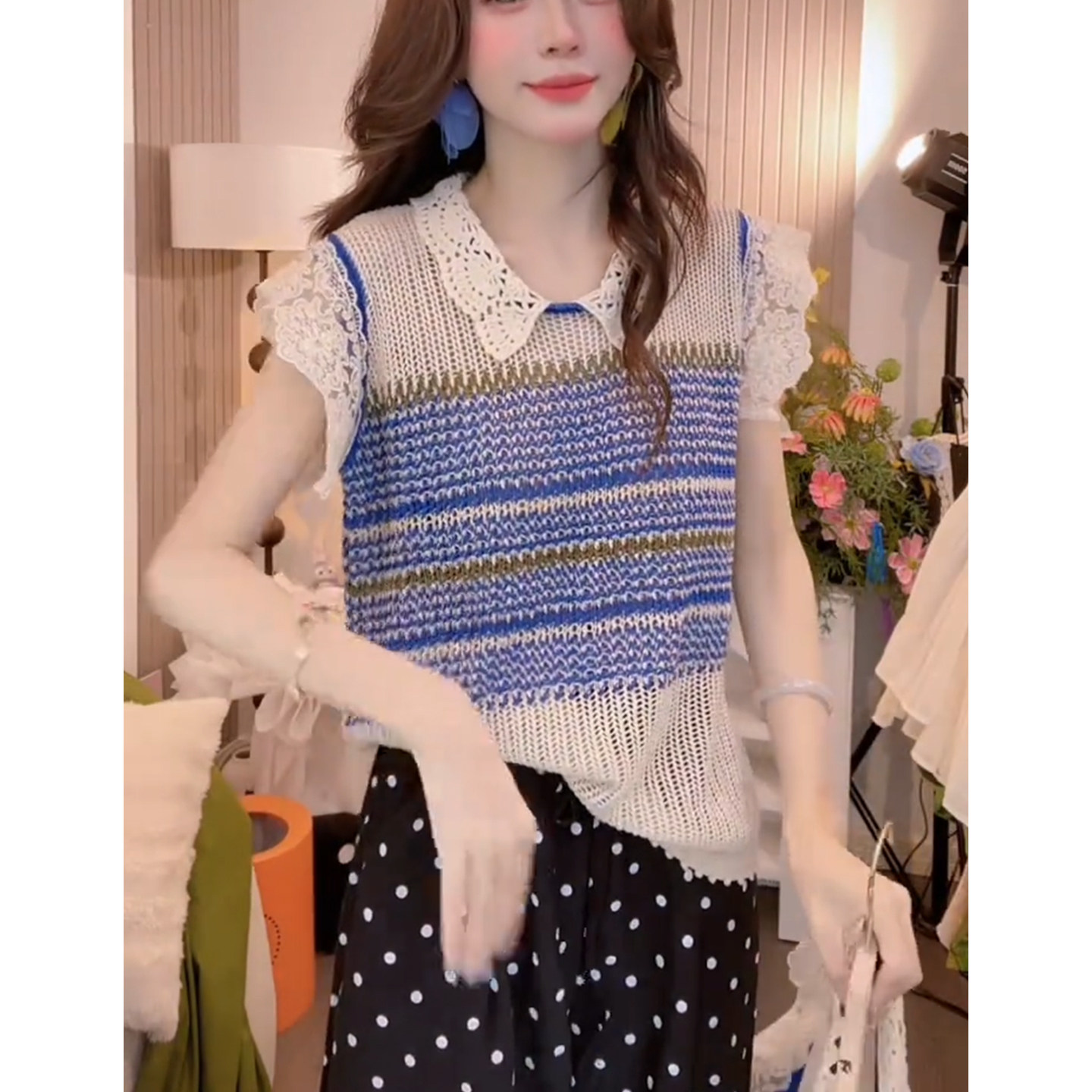 Fashion lace patchwork ice linen knitted striped short sleeved T-shirt loose round neck summer hollow loose top for women Fashion lace patchwork ice linen knitted striped short sleeved T-shirt loose round neck summer hollow loose top for women