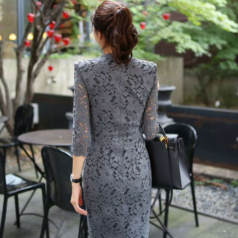 New Korean version medium to long lace slim fit hip hugging V-neck temperament socialite fashion bottom skirt dress for women New Korean version medium to long lace slim fit hip hugging V-neck temperament socialite fashion bottom skirt dress for women