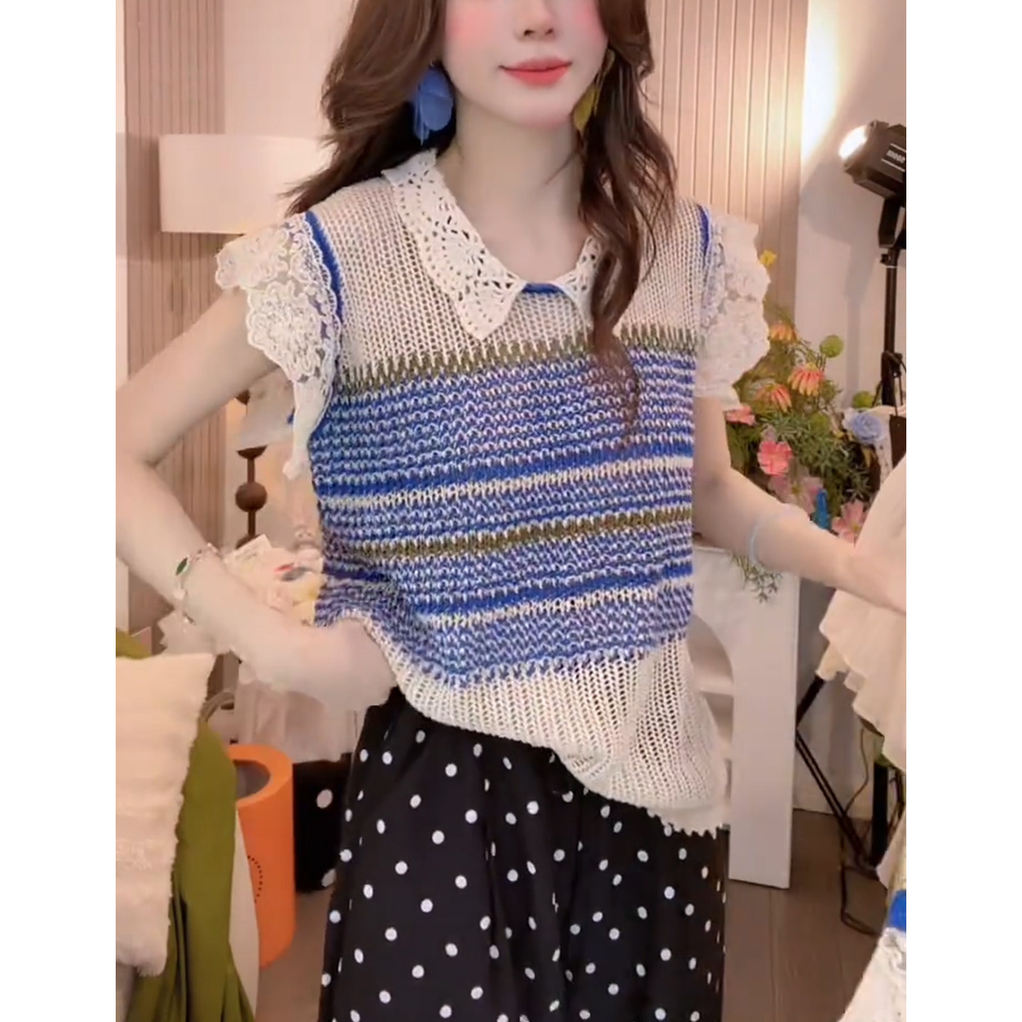 Fashion lace patchwork ice linen knitted striped short sleeved T-shirt loose round neck summer hollow loose top for women Fashion lace patchwork ice linen knitted striped short sleeved T-shirt loose round neck summer hollow loose top for women