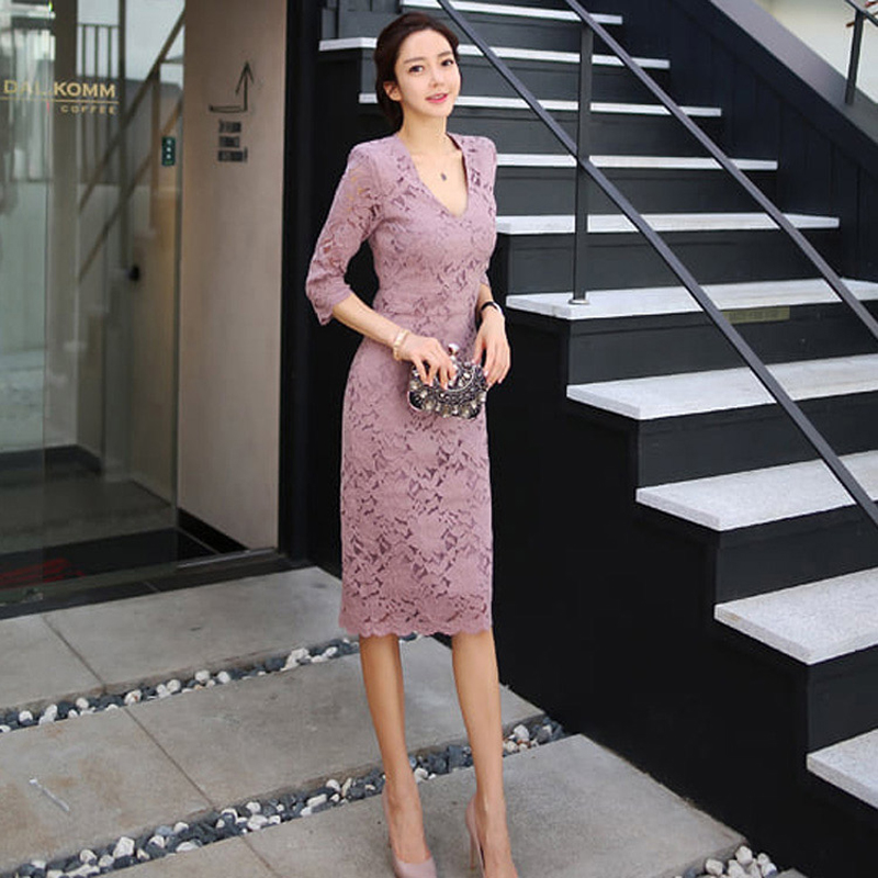 New Korean version medium to long lace slim fit hip hugging V-neck temperament socialite fashion bottom skirt dress for women New Korean version medium to long lace slim fit hip hugging V-neck temperament socialite fashion bottom skirt dress for women