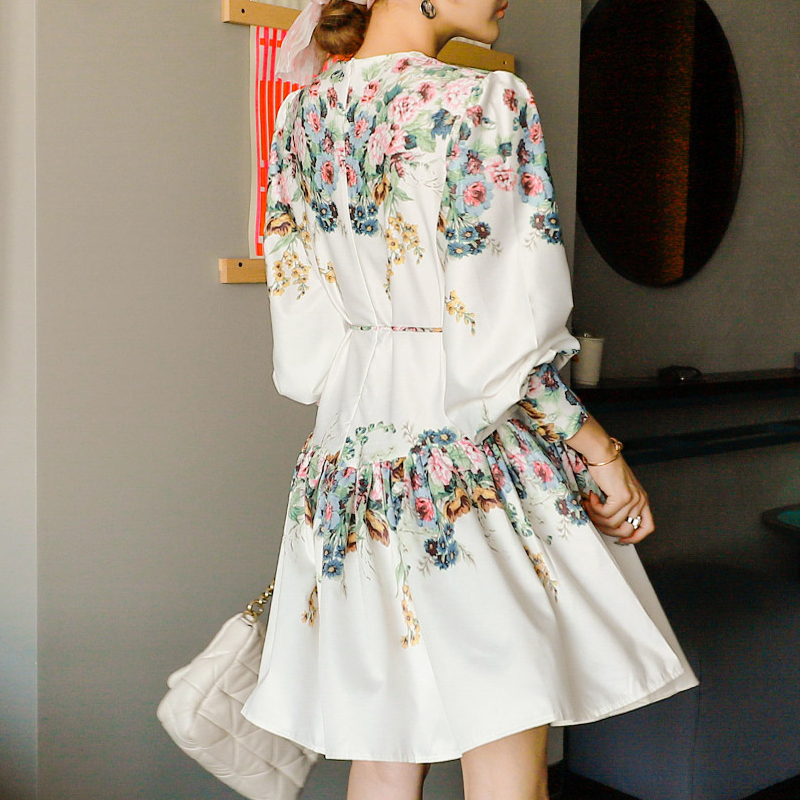 2025 summer dress new high-end temperament design sense tied waist positioning printed small swing skirt dress 2025 summer dress new high-end temperament design sense tied waist positioning printed small swing skirt dress