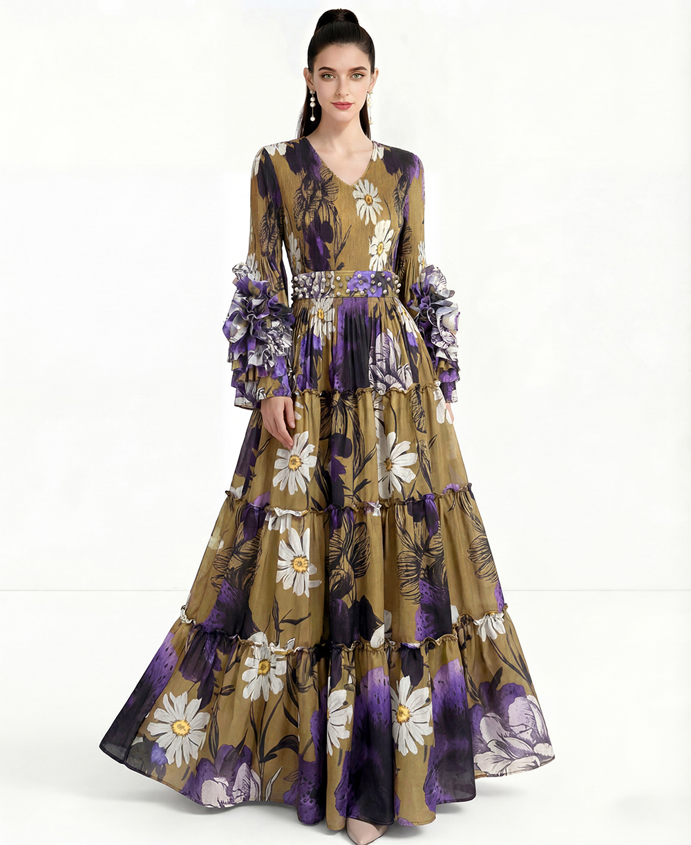 Factory self operated zero binding printed dress, 3-layer enlarged cake skirt