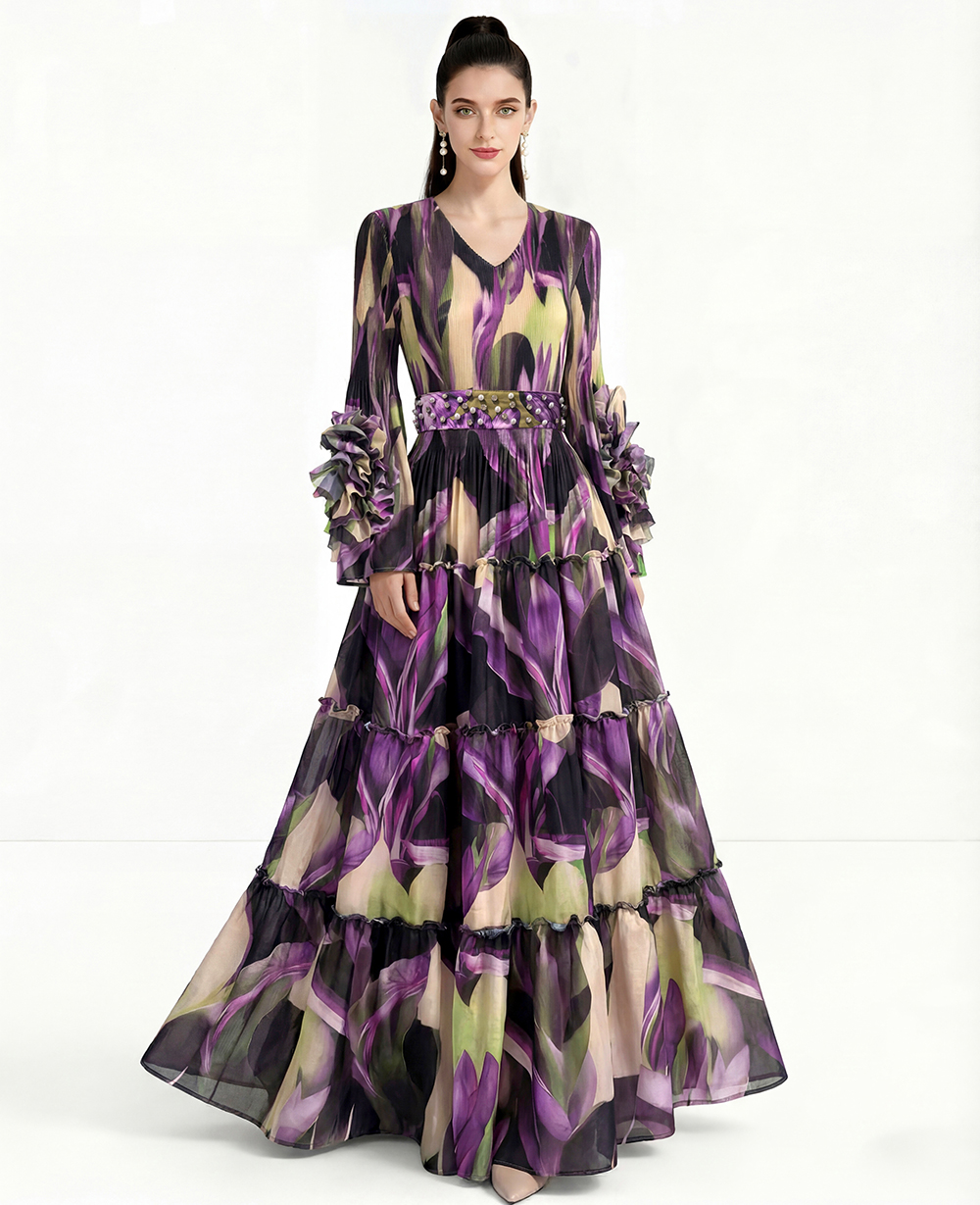 Factory self operated zero binding printed dress, 3-layer enlarged cake skirt