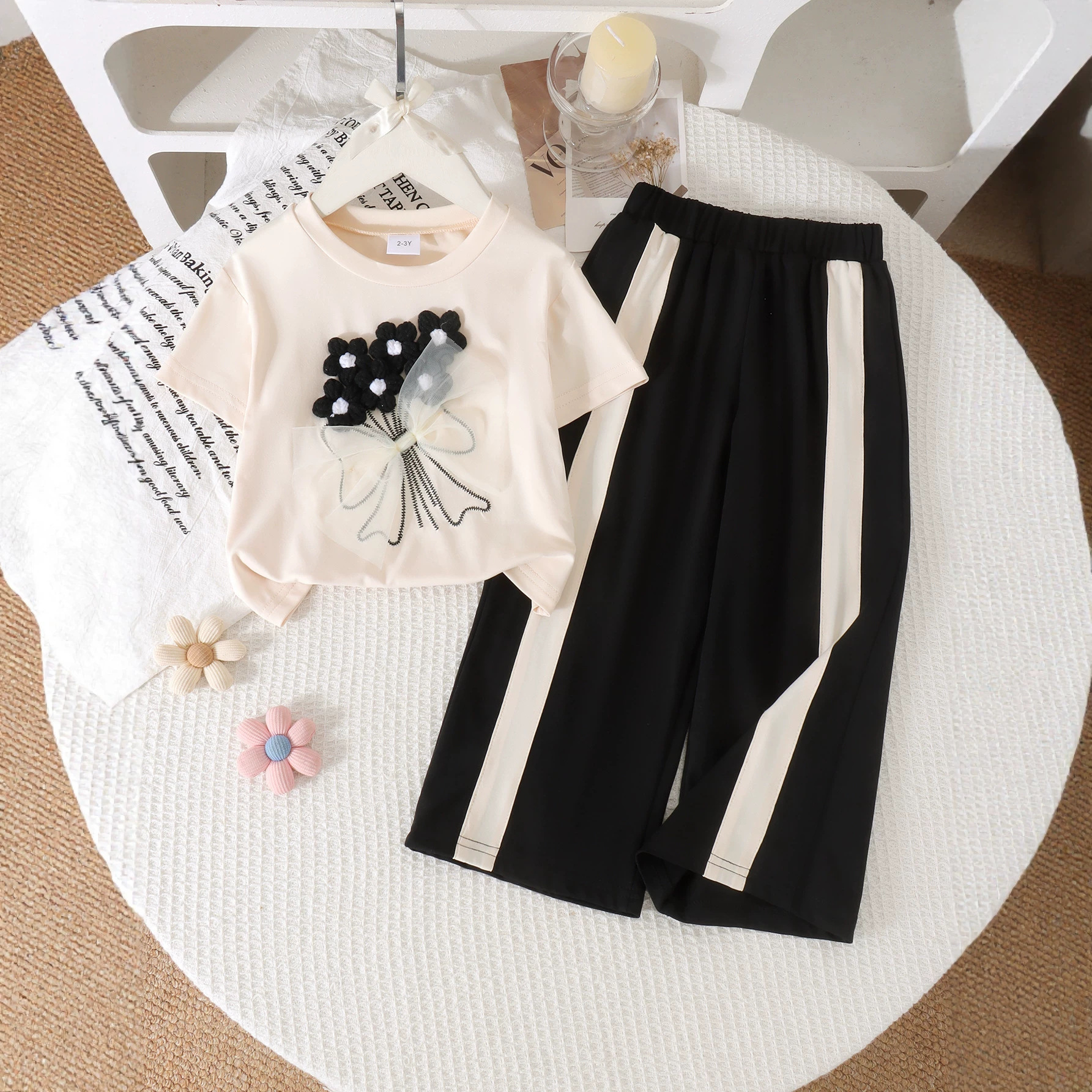 Girl's 3D Black Flower Mesh Bow Short Sleeve Milk White Round Neck Knitted T-shirt White Stripe Hanging Wide Legs Korean Style