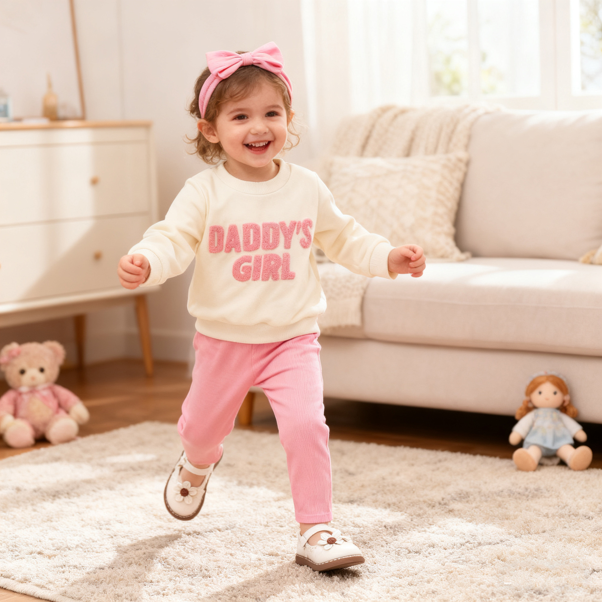 Cross border girls' spring and autumn clothing, cute baby girl style letter hoodie, long pants, butterfly bow hair with baby fashion set