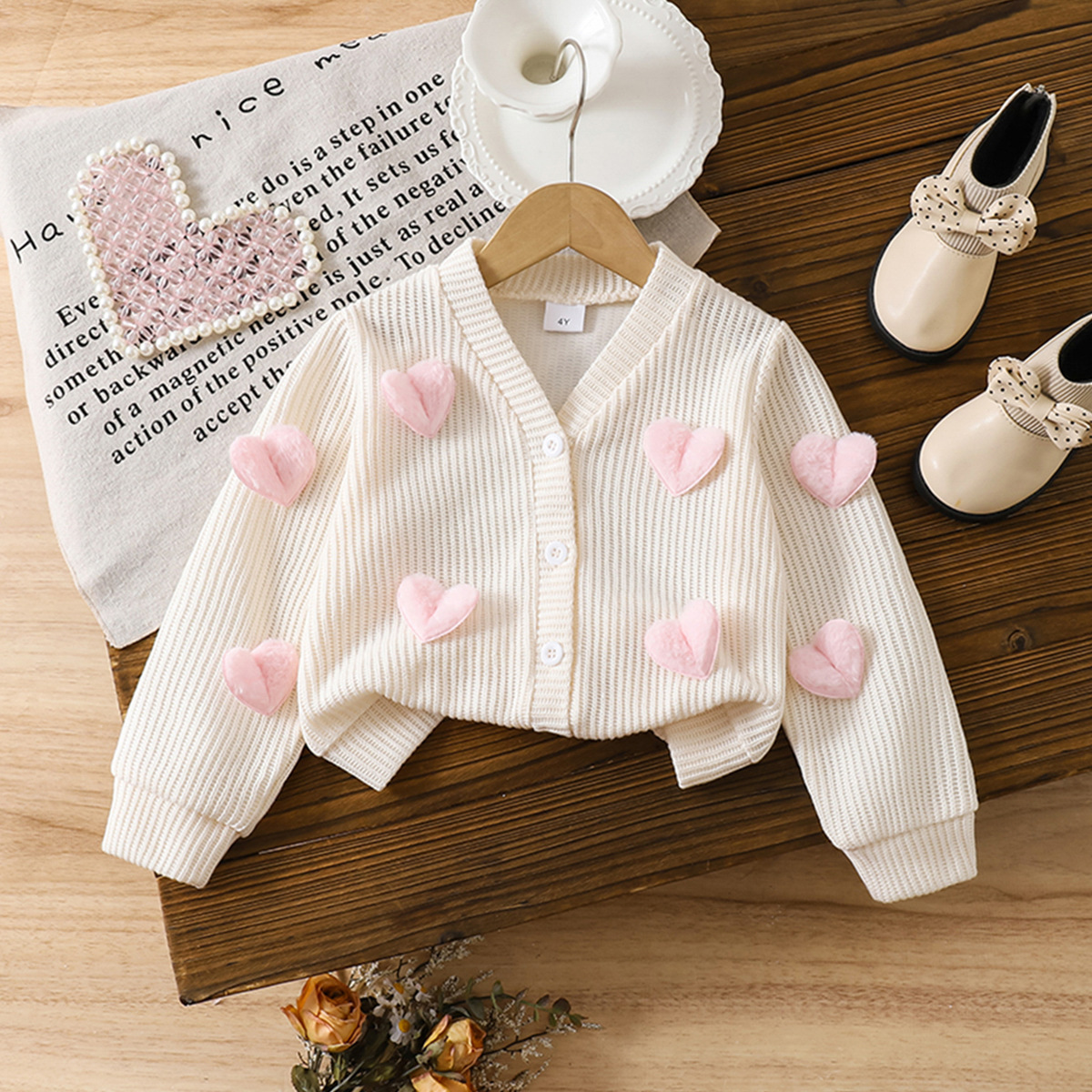 Cross border children's clothing, sweet and caring knitted cardigan for baby girls, rice white V-neck three-dimensional plush pink heart sweater
